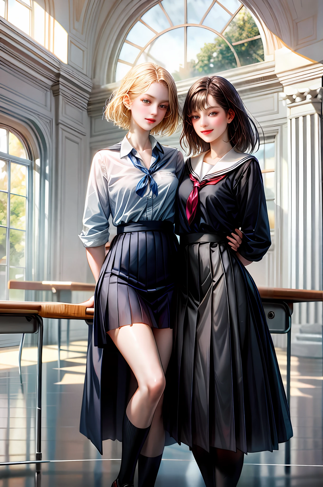 Romance students, two girls students in school uniform, lesbian couple, tall and thin, beautiful, alumnaxalumna, classmates