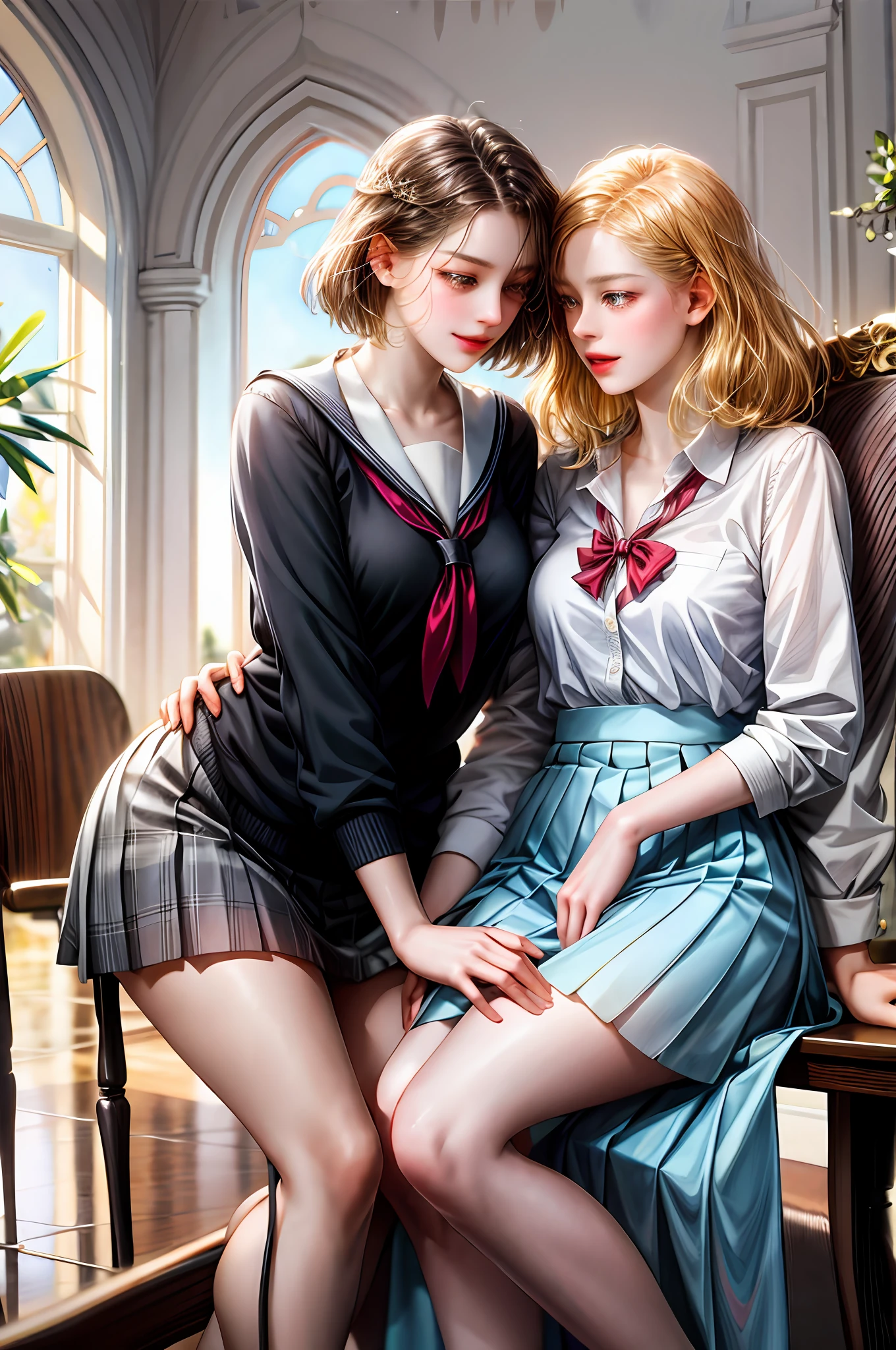 Romance students, two girls students in school uniform, lesbian couple, tall and thin, beautiful, alumnaxalumna, classmates