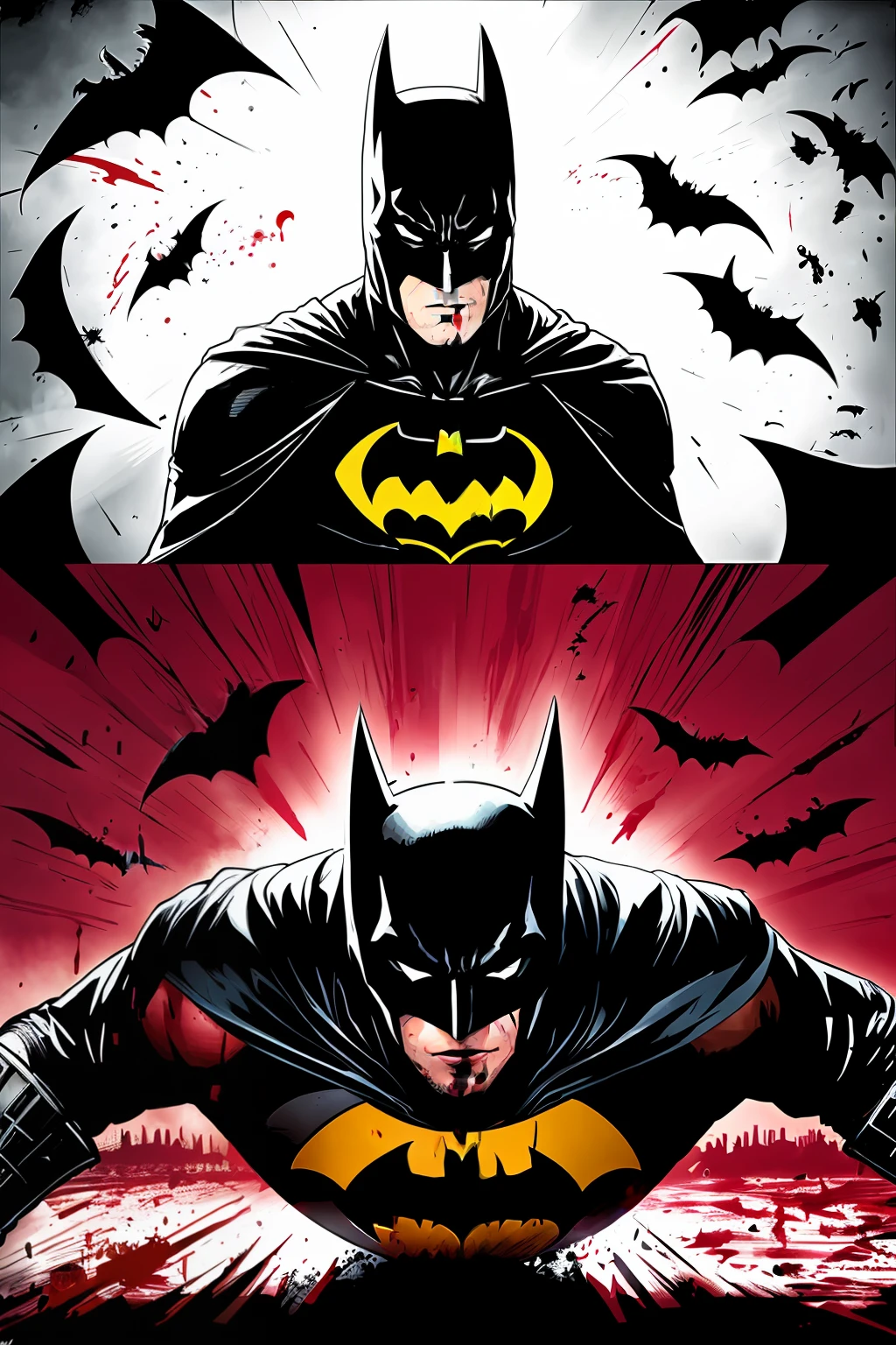 draw the Batman in an action scene with a lot of blood on his hands and mouth, blood on the ground because the scene is of Batman fighting several Cyberpunks at the behest of the villain Penguin, 64k,