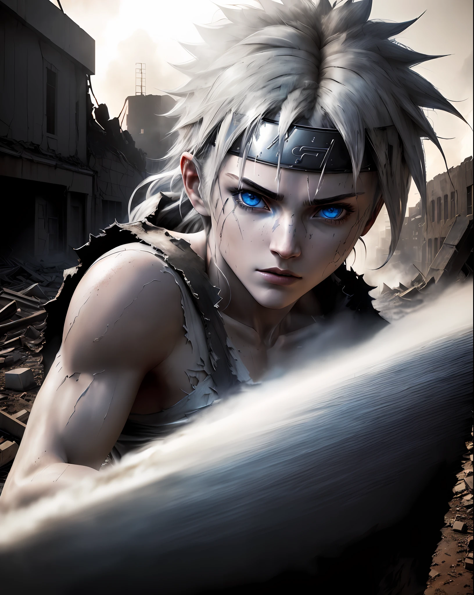 Naruto, torn T-shirt, ultra detailed eyes, bright blue eyes, man, flowing hair, realistic human skin, striking blue eyes, beautiful body and face - shot, body, beautiful detailed body and face, strong, muscose body))), white smoke, dust rising(hot, hyper-realistic dark photos (((portrait))), post-apocalyptic ruins background,(((HDR+))), 4mm, 8k textures, soft cinematic light, Adobe Lightroom, Photolab, HDR, intricate, elegant, highly detailed, sharp focus, (((((cinematic appearance)))), soft tones, insane details, intricate details, hyper-detailed, low contrast, soft cinematic light, slate atmosphere)