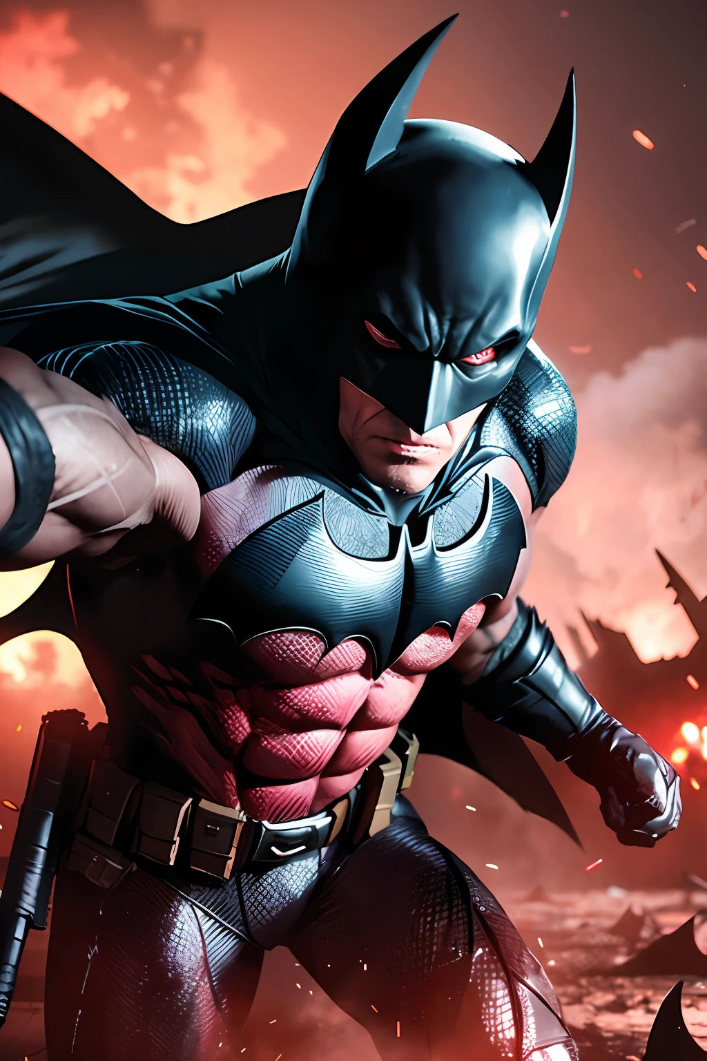 draw the Batman in an action scene with a lot of blood on his hands and mouth, blood on the ground because the scene is of Batman fighting several Cyberpunks at the behest of the villain Penguin, 64k,