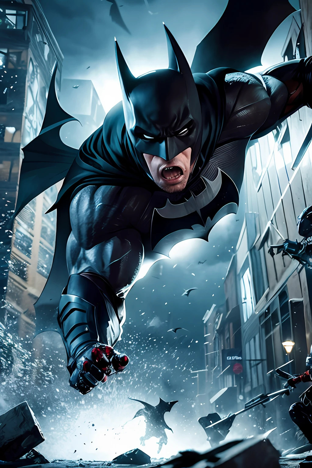 draw the Batman in an action scene with a lot of blood on his hands and mouth, blood on the ground because the scene is of Batman fighting several Cyberpunks at the behest of the villain Penguin, 64k,