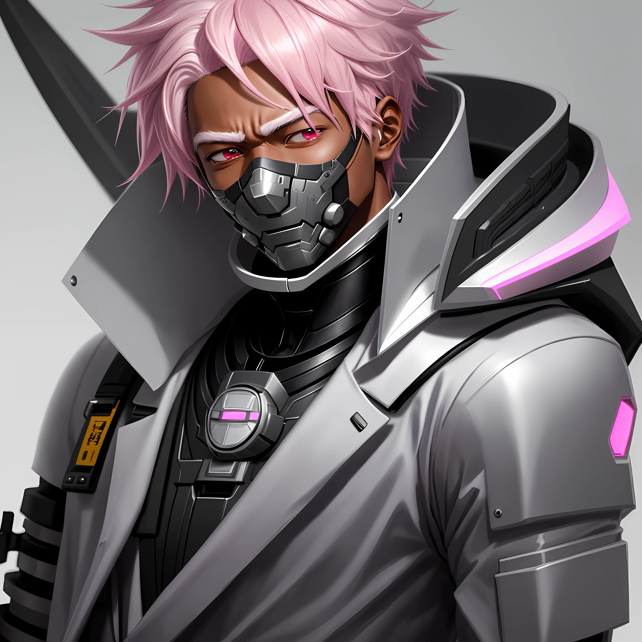 (character, one person) Young man, mechanical scientist, black skin, pink hair, wears white coat and a metallic mask, his expression is sleepy (Super detailed image), (Realistic), (Anime style), (Grainy), (shading), (16k)