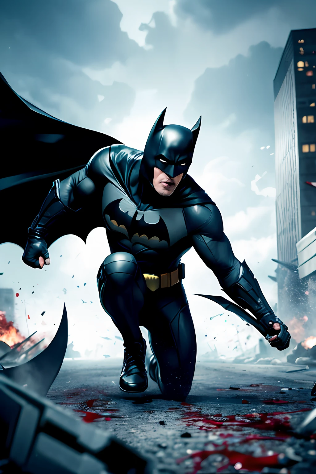 draw the Batman in an action scene with a lot of blood on his hands and mouth, blood on the ground because the scene is of Batman fighting several Cyberpunks at the behest of the villain Penguin, 64k,