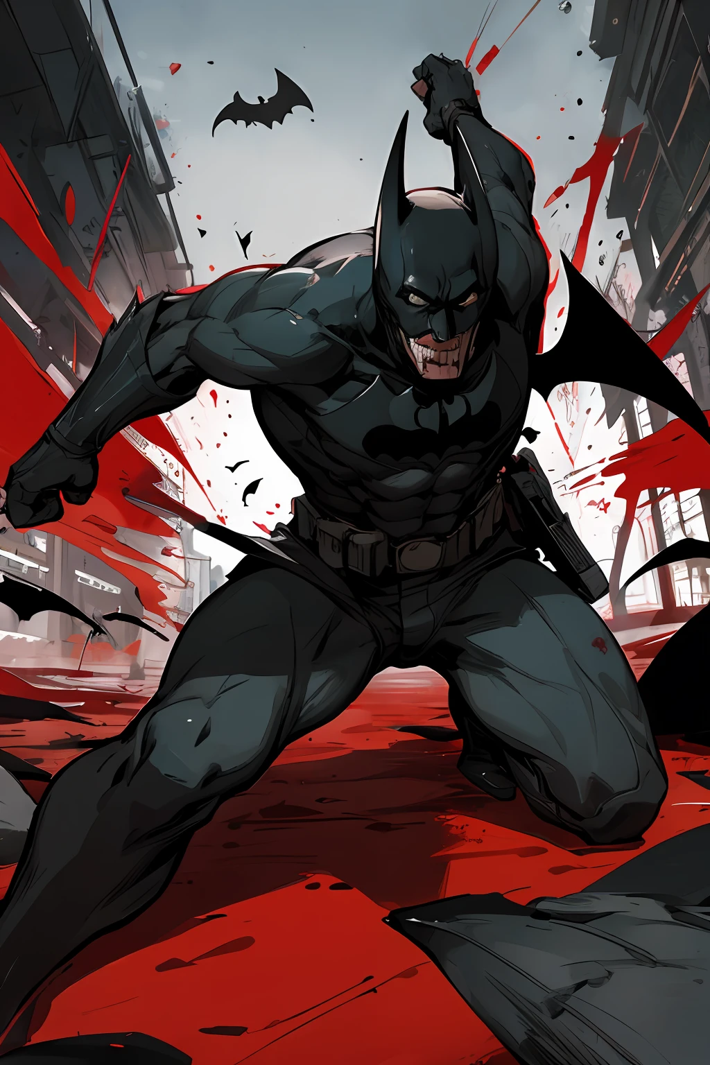 draw the Batman in an action scene with a lot of blood on his hands and mouth, blood on the ground because the scene is of Batman fighting several Cyberpunks at the behest of the villain Penguin, 64k,