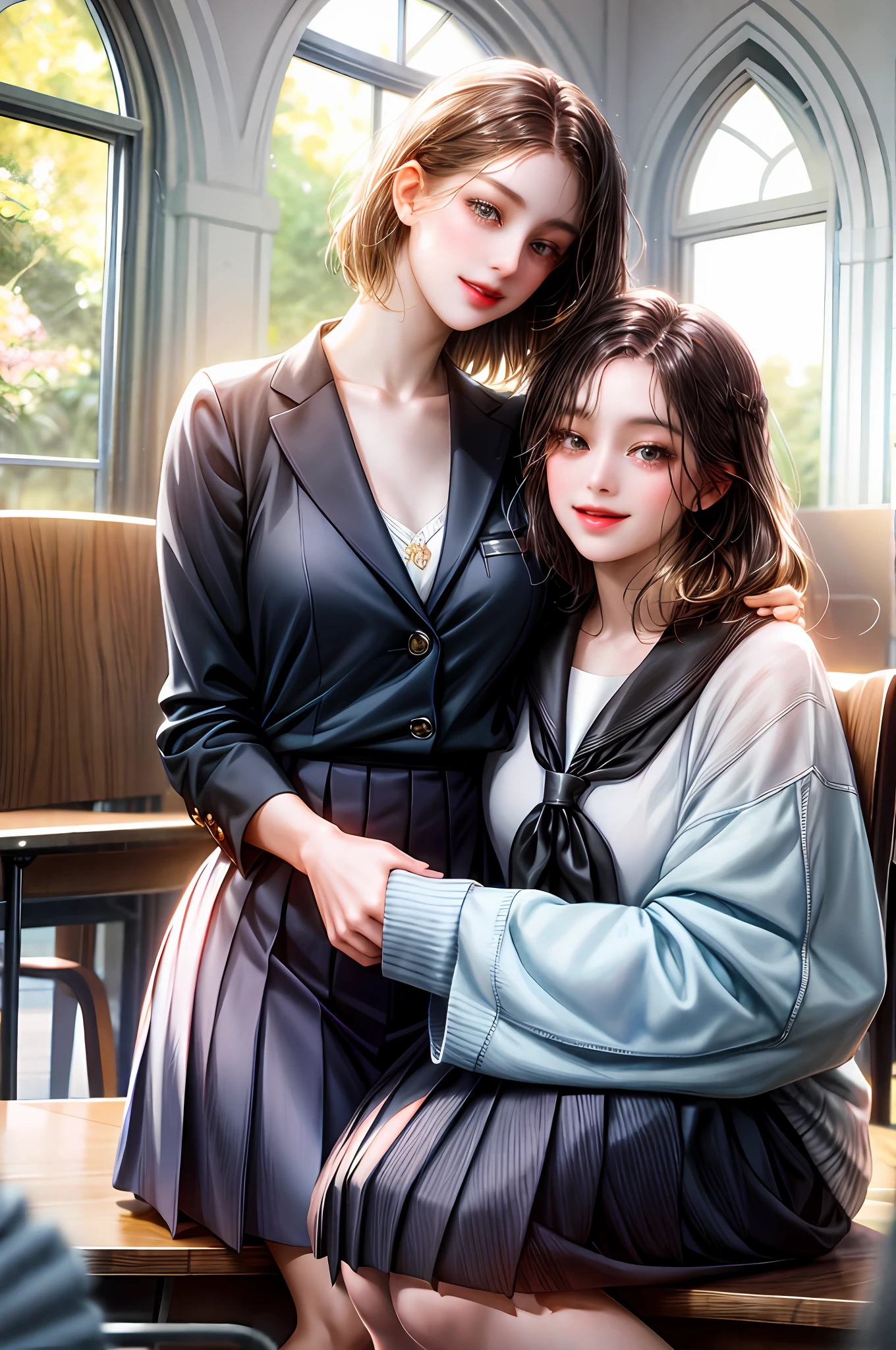 Romance students, two girls students in school uniform, couple, tall and thin, beautiful, alumnaxalumna, classmates