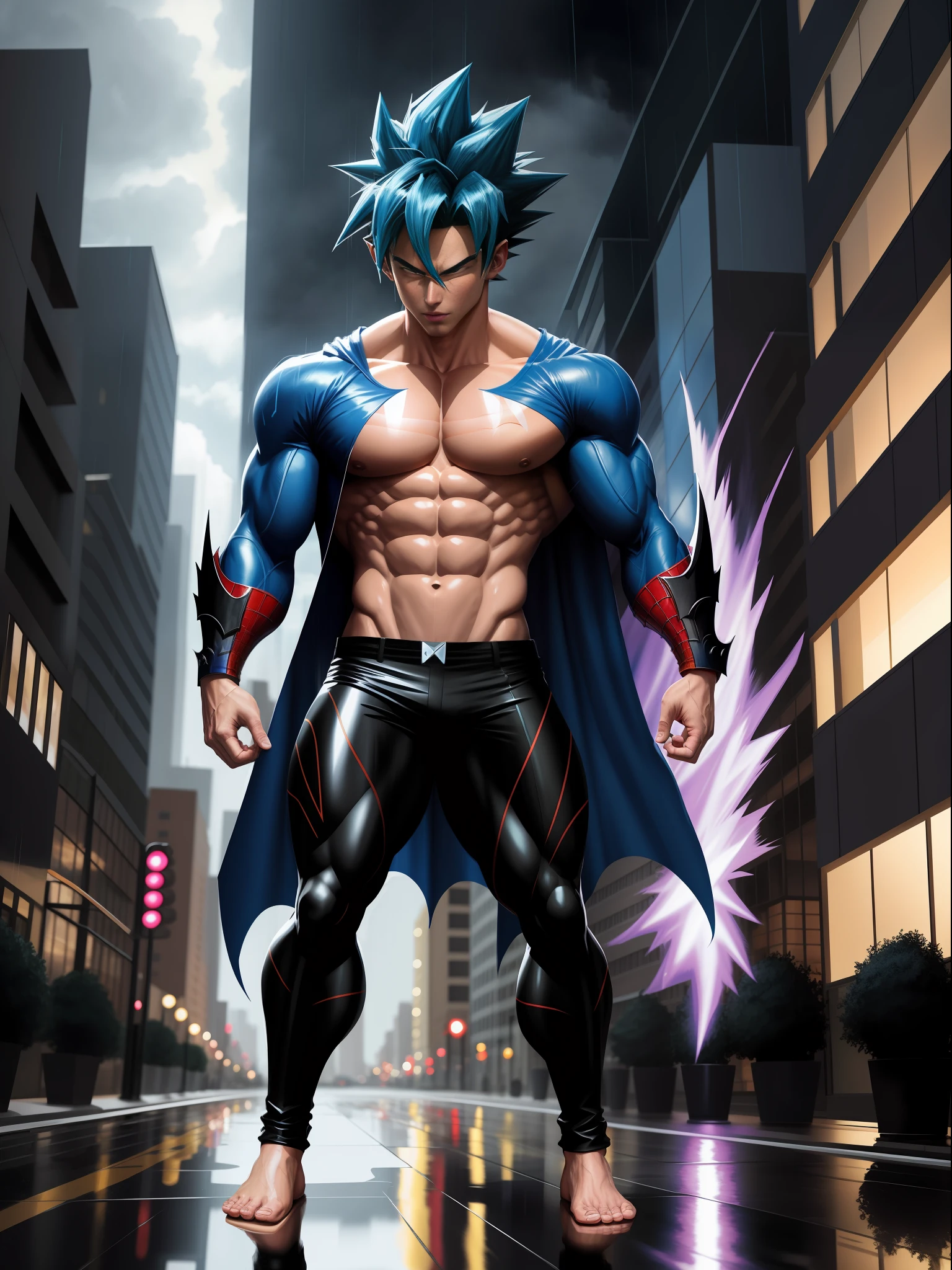 Full body, Goku fused with Batman/Spiderman, transformed into Super Saiyan 2, mixed clothes, Blue hair, no mask, muscular body, blue eyes, aura of magic around the body concentrated in a furious way, wet body and clothes, in a city destroyed by raining heavily, Hyperrealism, Art Nouveau, speed lines, reflection light, 16k, highres, best quality, anatomically correct