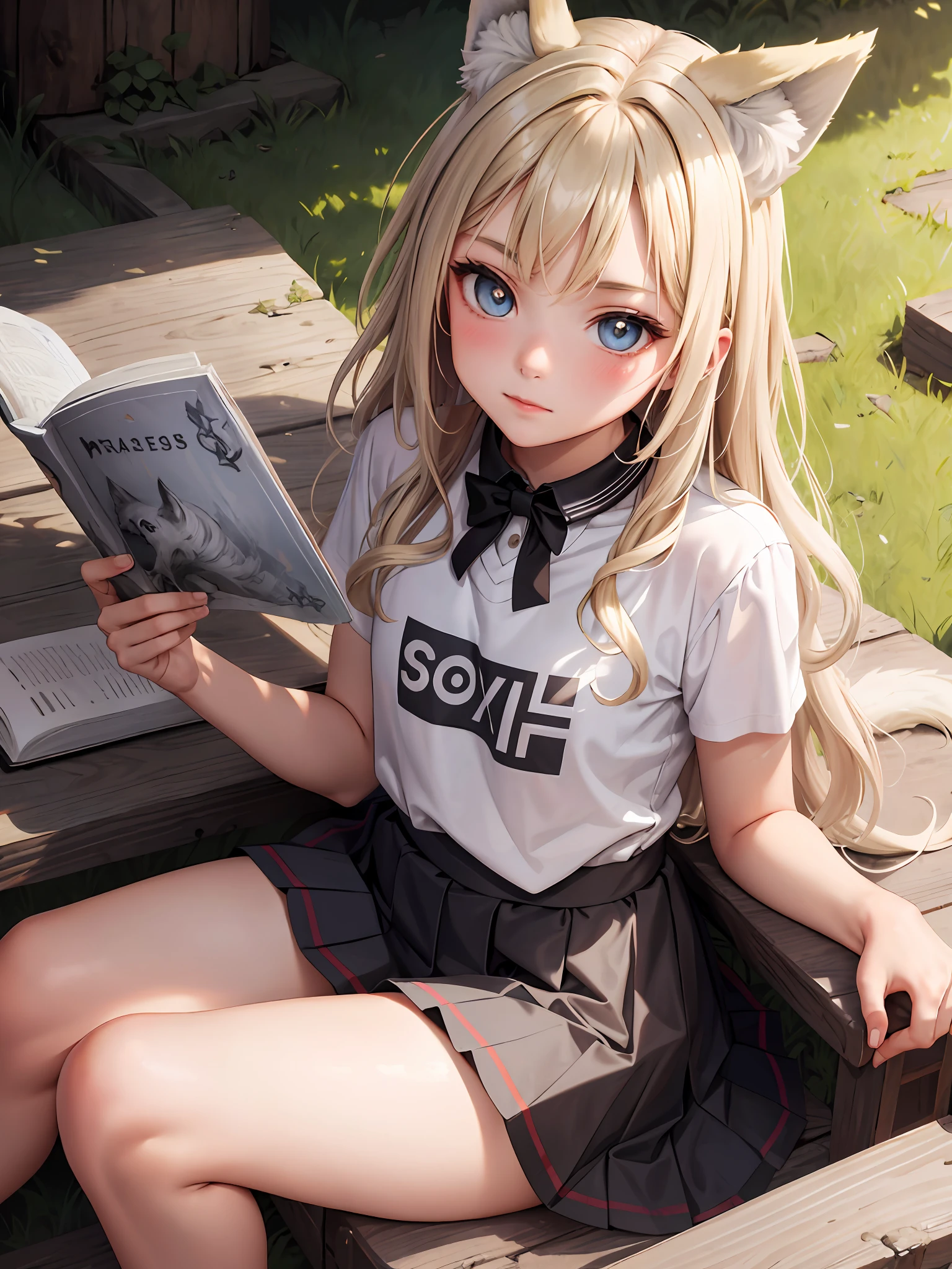masterpiece, best quality, wolf girl, elegant, 1girl, wolf ears, wolf tail, cute, blushed, feet out of frame, reading book in black cover, from down, blonde wavy hair, mini skirt, white and black striped T-shirt, blue eyes, beautiful eyes, beautiful background, light particles, sun rays, dramatic lighting, outside, shiny, realistic, masterpiece, best quality, ultra-detailed, detailed, scenery, beautiful detailed eyes, detailed hair