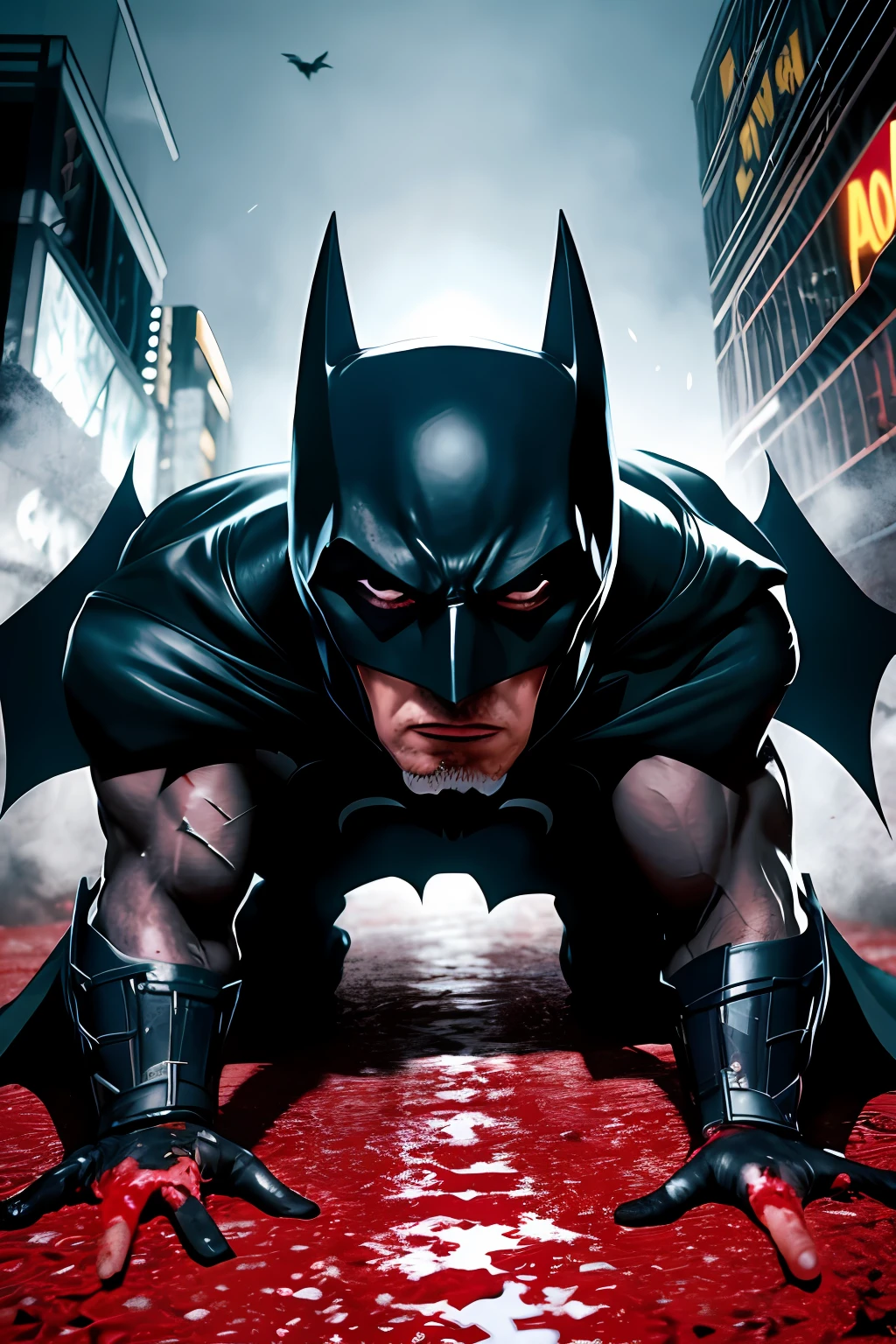 draw the Batman in an action scene with a lot of blood on his hands and mouth, blood on the ground because the scene is of Batman fighting several Cyberpunks at the behest of the villain Penguin, 64k,