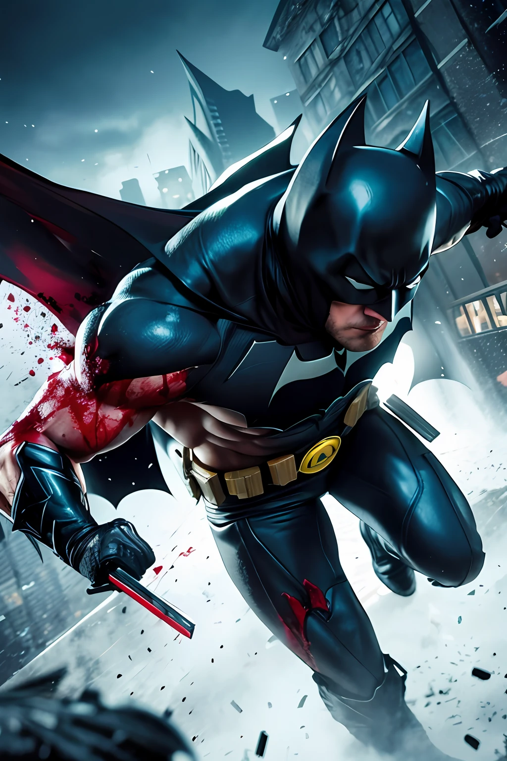 draw the Batman in an action scene with a lot of blood on his hands and mouth, blood on the ground because the scene is of Batman fighting several Cyberpunks at the behest of the villain Penguin, 64k,