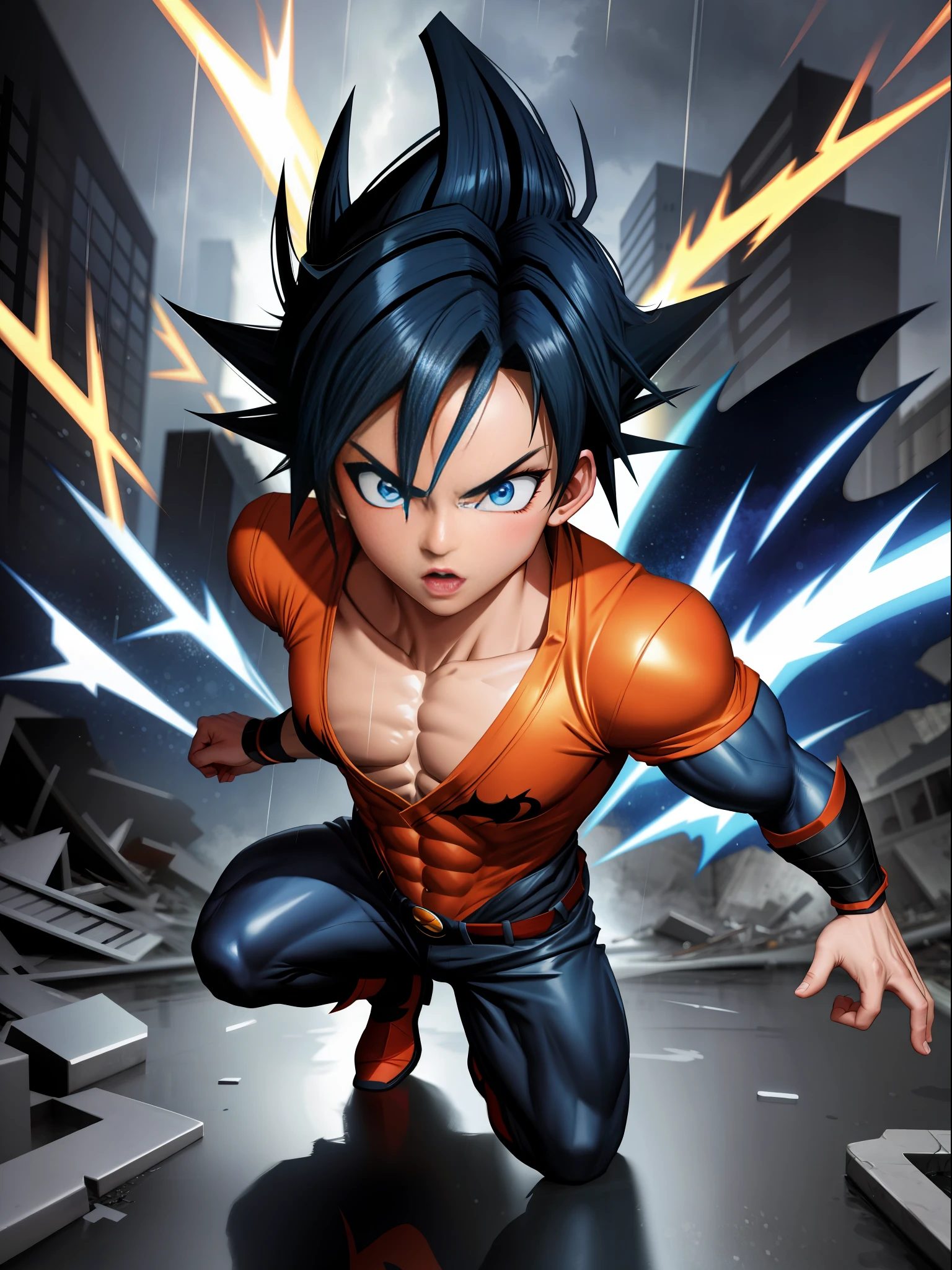 Full body, 1 Goku fused with Batman/Spiderman, transformed into Super Saiyan 2, mixed clothes, Blue hair, no mask, muscular body, blue eyes, aura of magic around the body concentrated in a furious way, wet body and clothes, in a destroyed city raining heavily, Super Saiyan Ultra Instinct, Hyperrealism, Art Nouveau, speed lines, reflection light, 16k, highres, best quality, anatomically correct