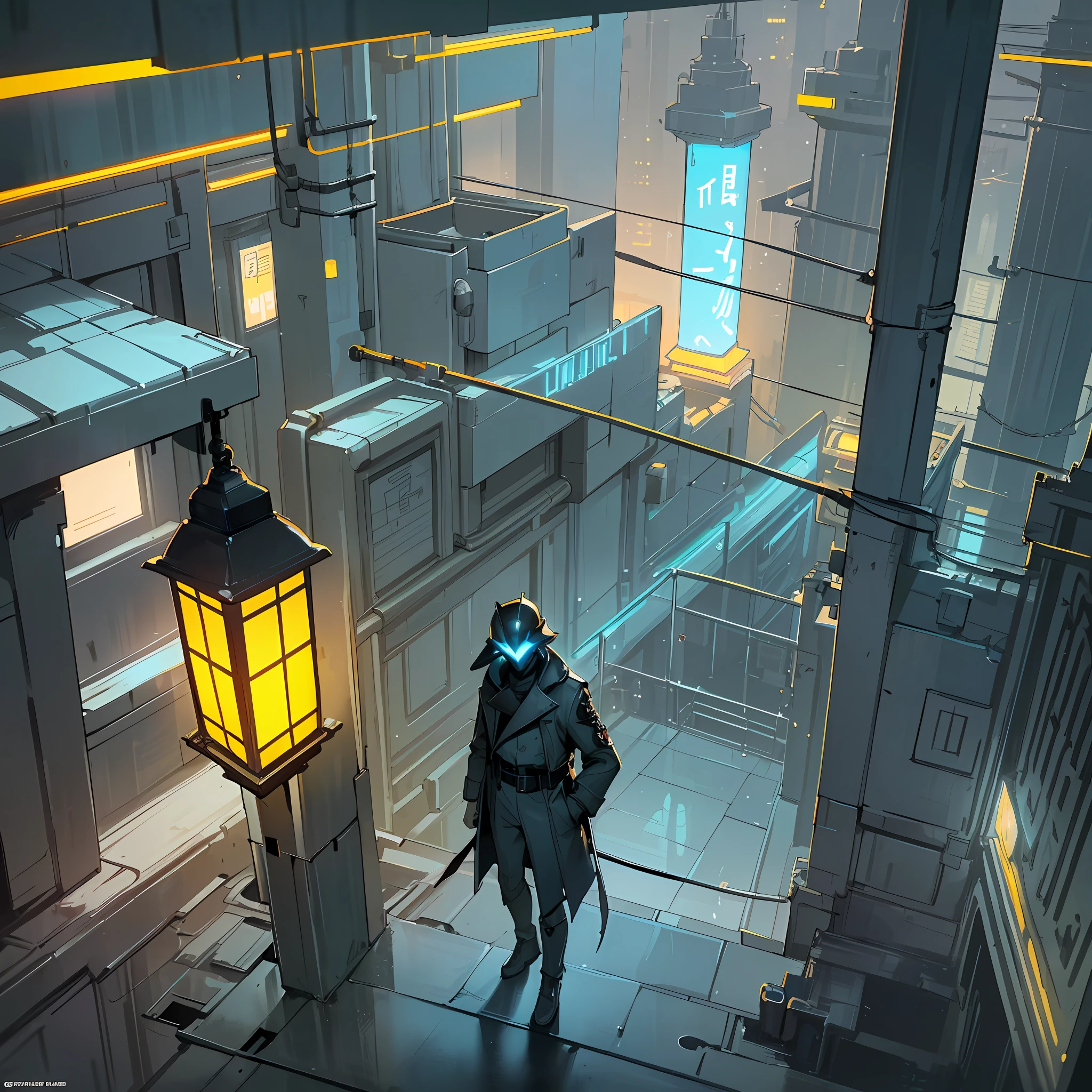 Seen from above far away, of a mysterious man with a very detailed futuristic helmet (cables, tubes, dark visor reflects light, small blue lantern), khaki trench coat (with belts and pockets) and a hood (shiny black leather), looks down while on top of a roof of a cement building, in the background a futuristic city (dirty, with electrical wiring, with neon signs, yellow lamps) the atmosphere is depressing with fog and at night under heavy rain, shaded with high contrast, dim lighting, low saturation