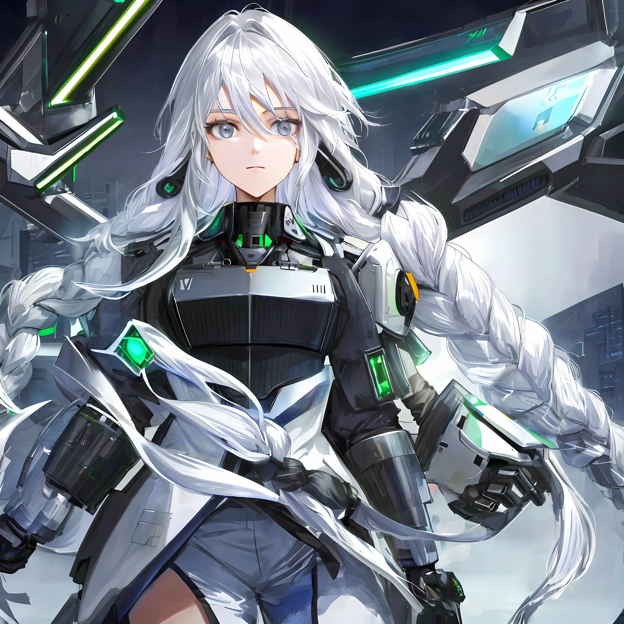 cyborg, led display for a face, androgynous, black hair, high quality, anime, masterpiece, white hair, 2 big braids, grey eyes,