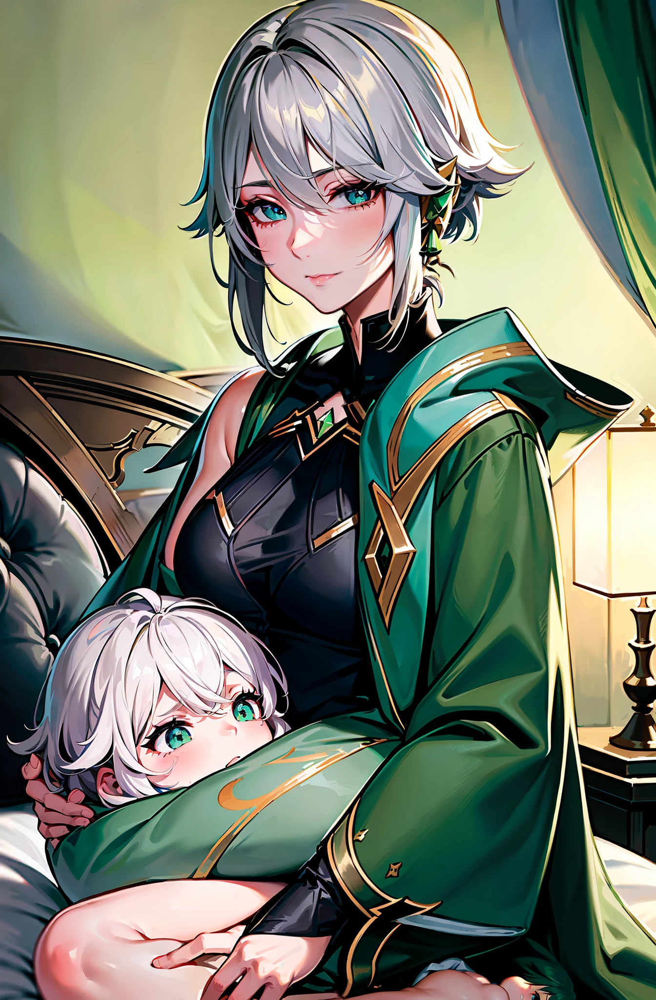 (well detailed background) (best quality), (high quality), (masterpiece), 1girl, 1baby , alhaitham \(genshin impact\), grey hair, turquoise eyes, short hair, mature, eyes squeezed closed, exhausted expression, looking down at the baby, tired smile (a tired mother with green eyes lying on a bed on pillows fully covered with white sheets and blankets holding a baby in her arms), wearing simple green robe, nightgown robe, green nightwear, long sleeves, loose sleeves, indoor, bedroom, newborn baby, (a baby with red eyes and blonde hair), no armor, no accessories, blonde baby