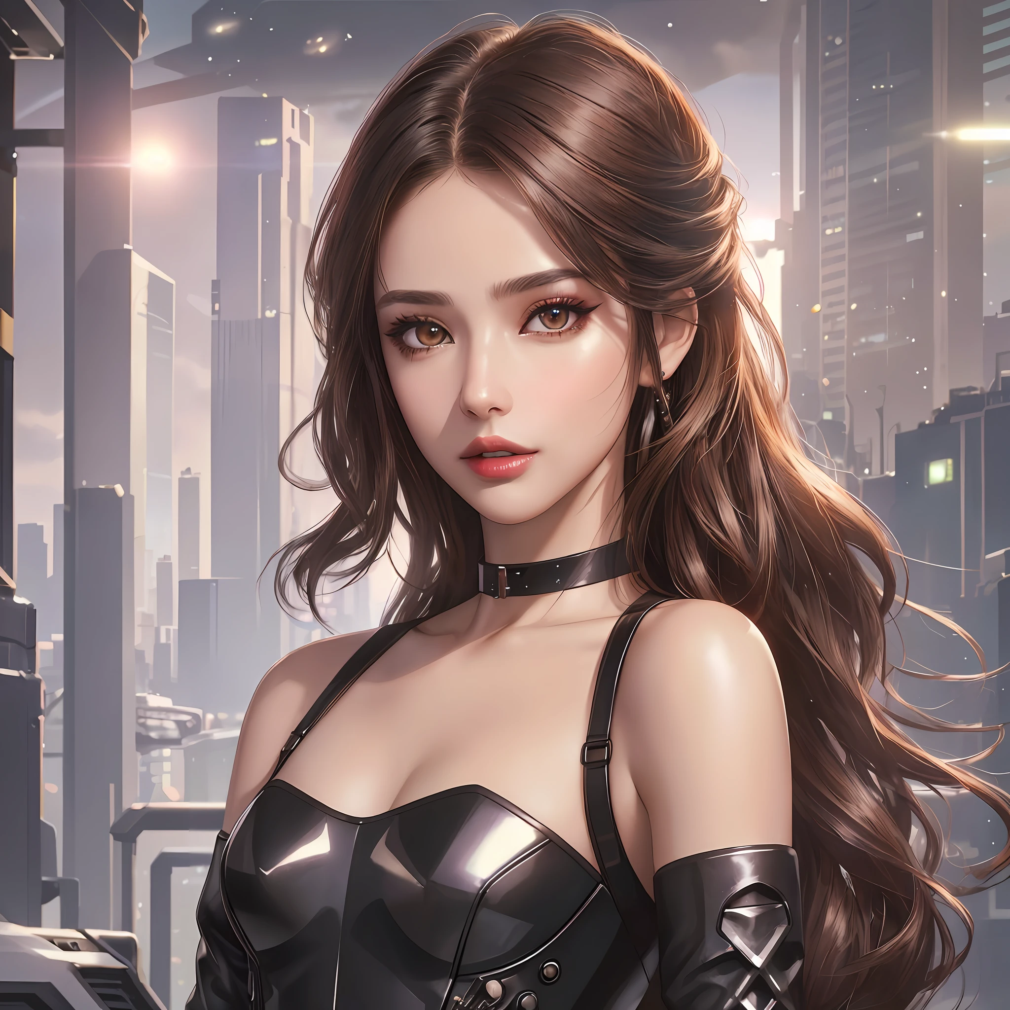 (Cyberpunk theme), 1 Woman Riding Her Motorcycle, Shooting A HighTech Submachinegun, (Huntress, Brown Eyes, White Skin, Dark Long Wavy Hair, Choker, Small Breasts, Lipstick, Make up, Eyeliner), wearing a black one-piece armor, Long gloves, Long boots, in a cyberpunk city at night, (masterpiece, best quality, 8K, sharp focus, depth of field, best shadows, perfect lights, HDR, realistic skin texture, ultra-detailed and detailed background), wideshot