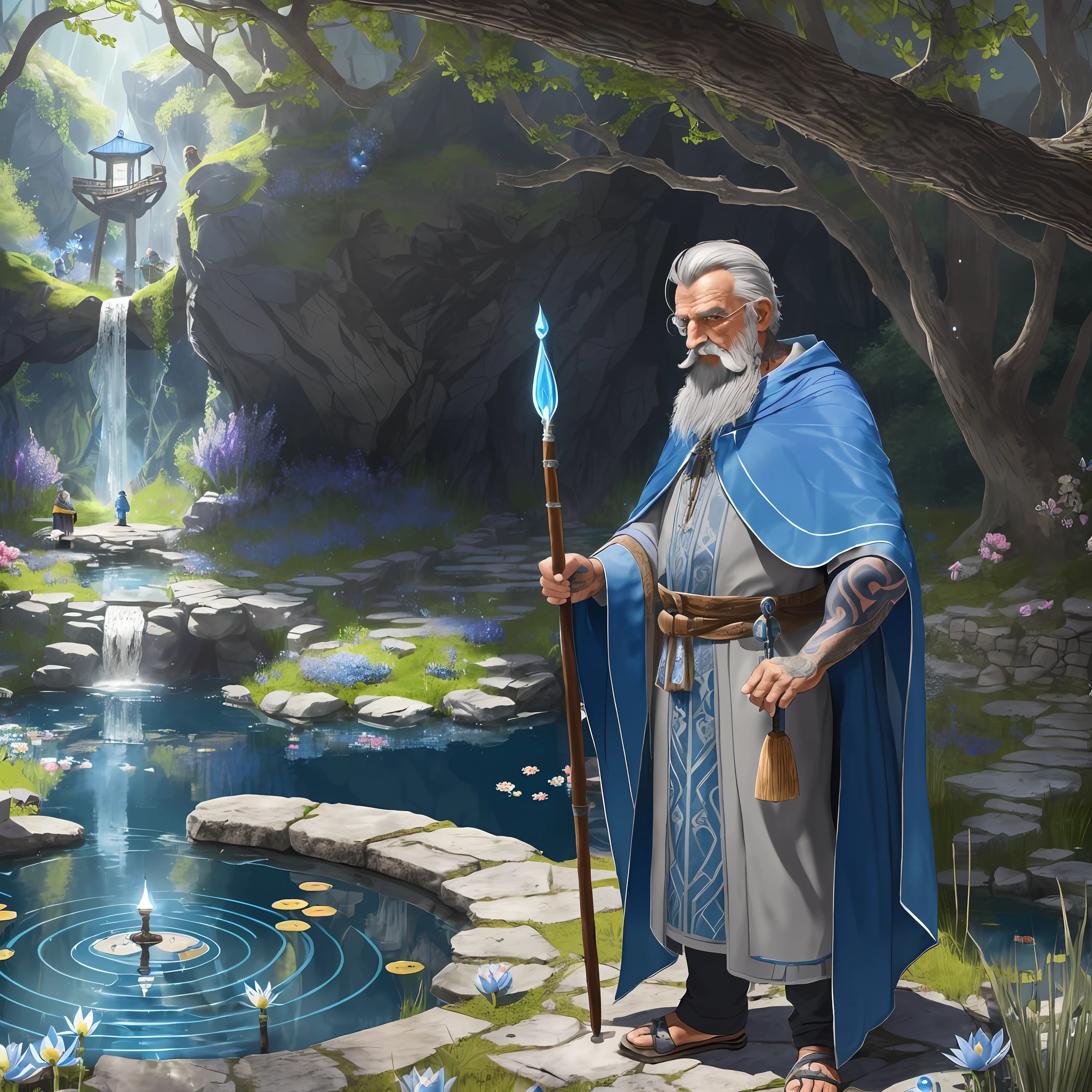 8k incredible piece, extremely detailed ((peppy old man)|( gray-haired old man)):1.2, one, with a beard,((magic tattoos)):1.1,light blue robe,((blue cloak)),wooden staff,(shining pond)| (underground pond with water), old man standing on the shore, flowers, grass, underground, cave, fireflies