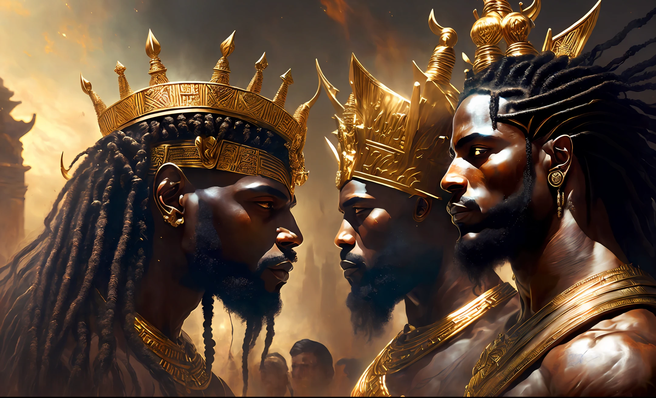 Highly (dynamic:1.2) scene art detailed (rutkowski:1.2), ((pharaoh crown of ramses)), handsome, (dark skin), ((long woven dreadlocks)) ((muscular)), (fantastic amazing decoration:1.2), explosive volumetric, Delightful anatomy, (fantastic god perfect art, 64k ultra hd:1.1), (art by apterus, art by dan mumford:1.2)