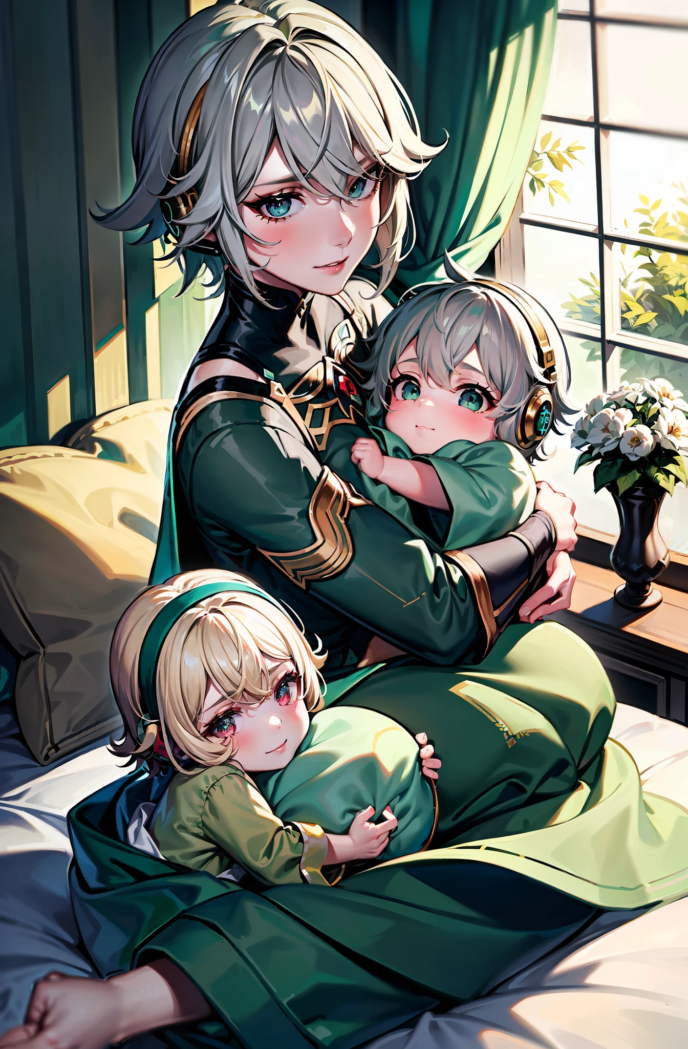 (well detailed background) (best quality), (high quality), (masterpiece), 1girl, 1baby , alhaitham \(genshin impact\), grey hair, turquoise eyes, short hair, mature, eyes squeezed closed, exhausted expression, looking down at the baby, tired smile (a tired mother with green eyes lying on a bed on pillows fully covered with white sheets and blankets holding a baby in her arms), wearing simple green robe, nightgown robe, green nightwear, long sleeves, loose sleeves, indoor, bedroom, newborn baby, (a baby with red eyes and blonde hair), no armor, no accessories