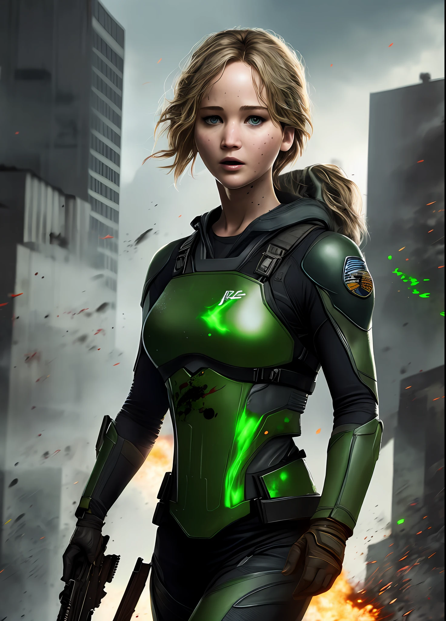 Jennifer Lawrence in special force suit, natural breast, high resolution, realistic art, fighting zombies, 1 mature female, 1 milf, solo, in roof top, green blood splatter, serious face, mouth closed ray tracing, perfect lighting, perfect detail,