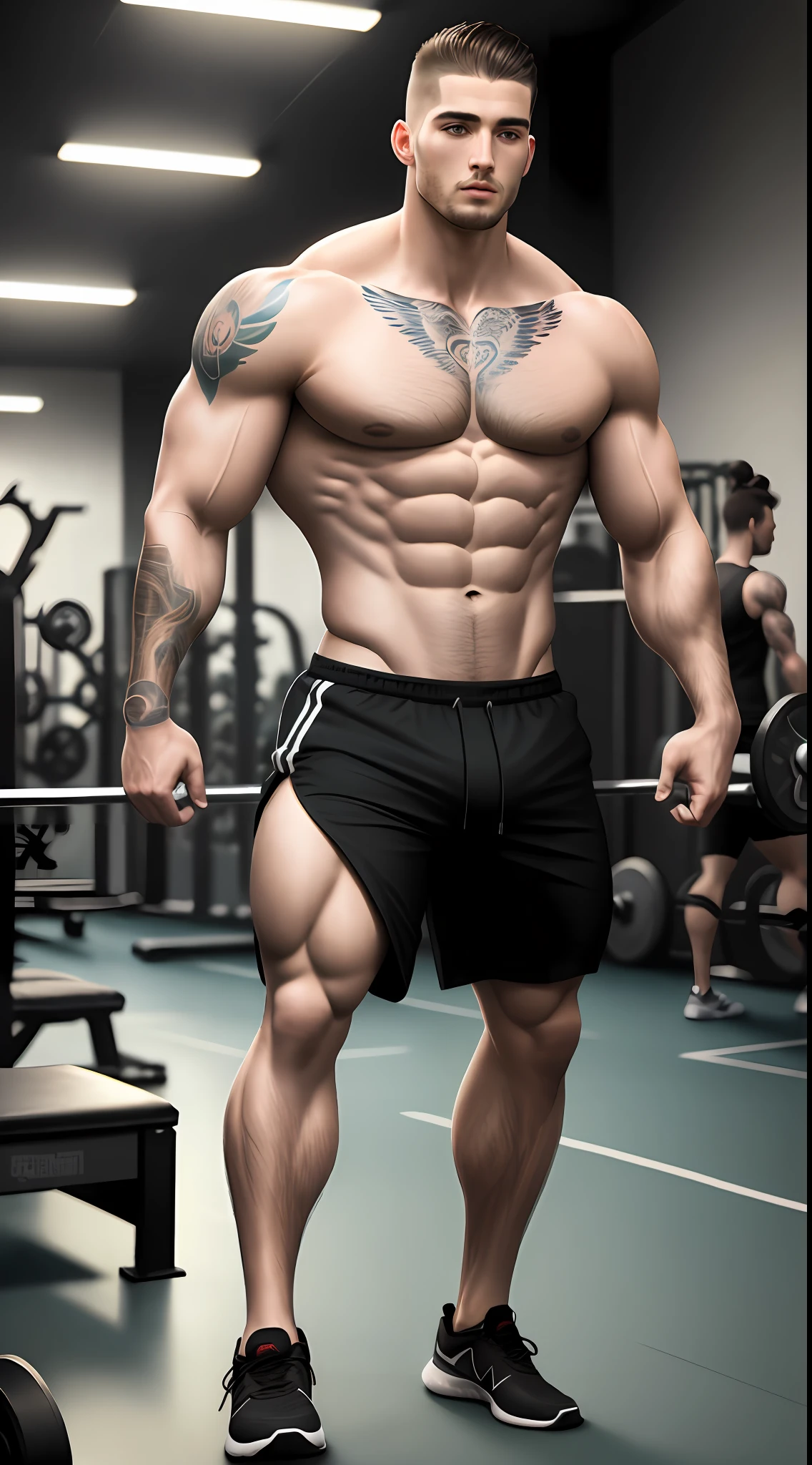 ((masterpiece)),(best quality),(detailed) swet Full body tattooed beautiful Man shirtless athletic realistic real artistic illustration in a gym complete with people in the background weight machines