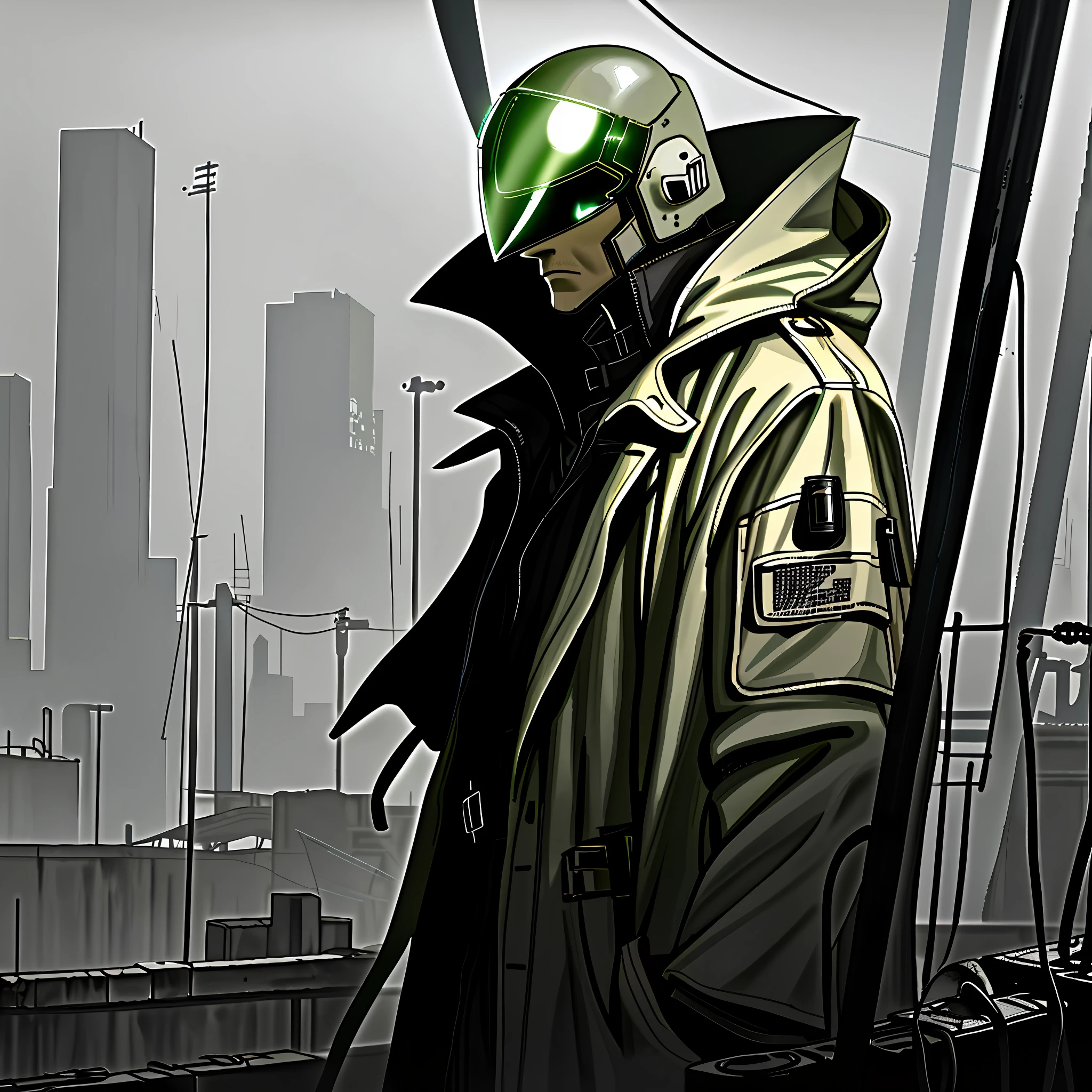 Far away, view of a mysterious man with a very detailed futuristic helmet (cables, tubes, dark visor reflects light), khaki trench coat (with belts and pockets) and a hood (shiny black leather), looks down while on top of a roof of a cement building, in the background a crumbling industrial area (dirty,  with electrical wiring, poles) the environment is depressingly very dark with fog and at night under heavy rain, shaded with high contrast, dim lighting, low saturation
