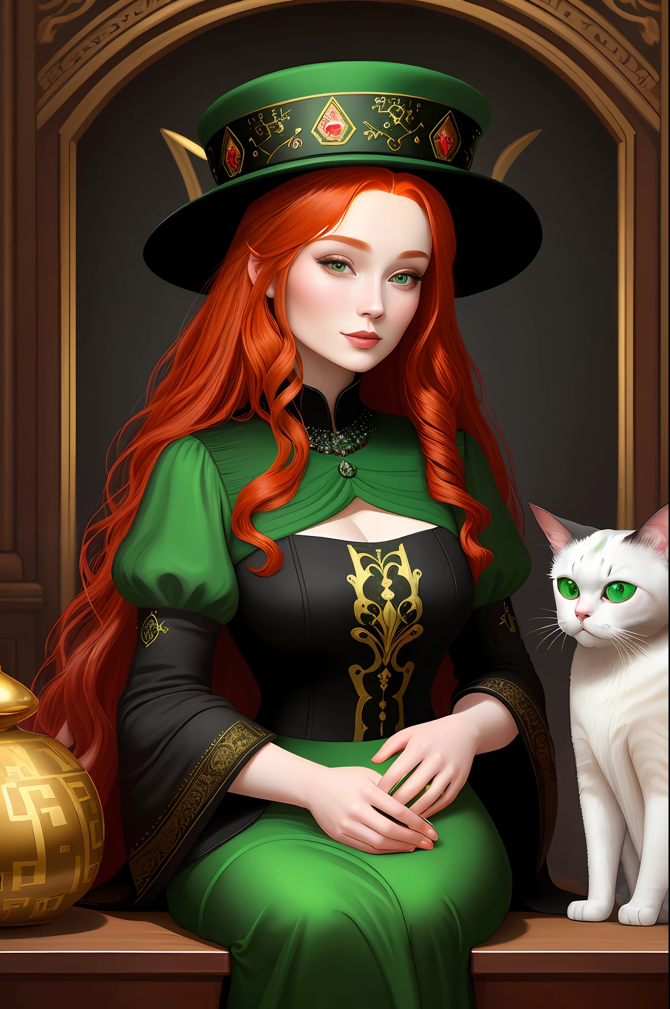 A pretty red-haired woman with a black hat on her head, in an emerald green dress, with a Siamese cat on her lap, digital painting in the style of Gustav Klimt, head-shot, trending on artstation, realistic,8k,