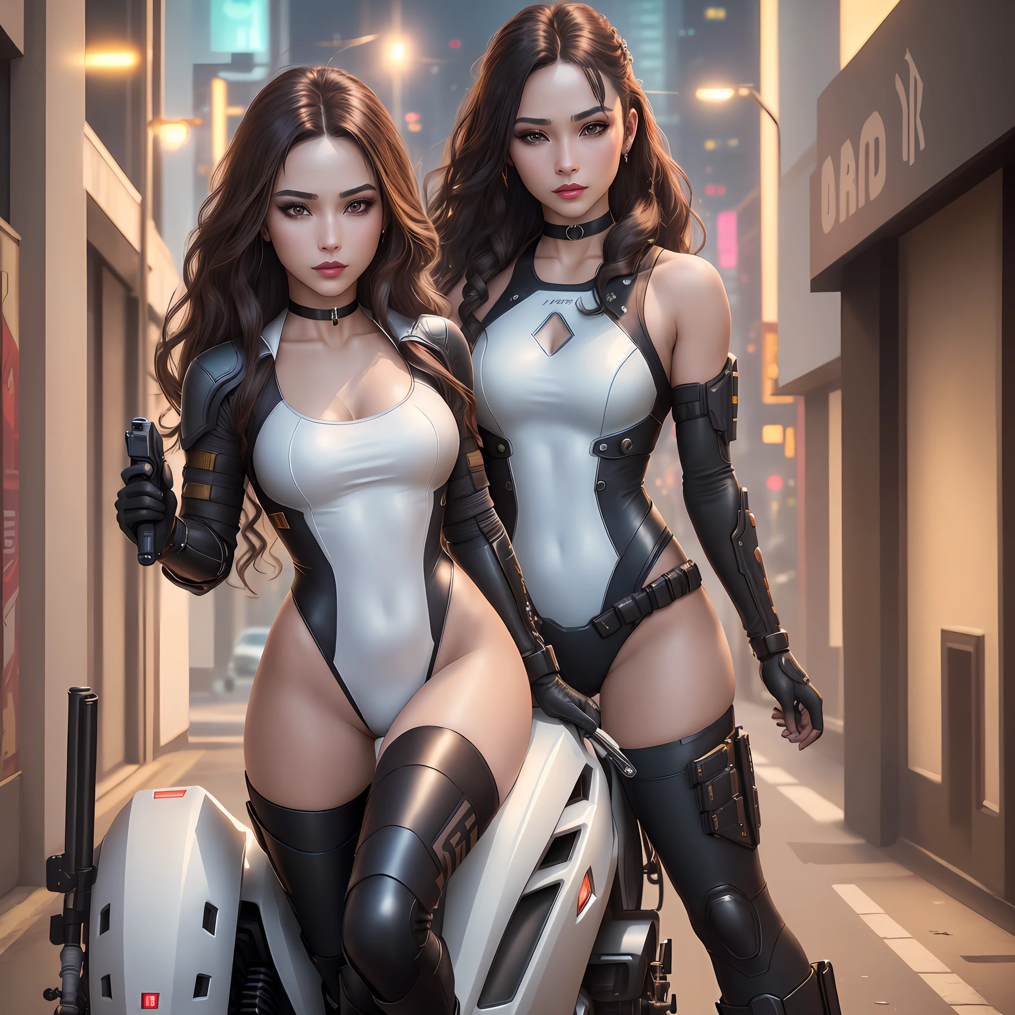 (Cyberpunk theme), 1 Woman Riding Her Big Kawazaki Future Tech Motorcycle, Holding A Gun In One Hand (Huntress, Brown Eyes, White Skin, Dark Long Wavy Hair, Choker, Small Breasts, Lipstick, Make up, Eyeliner), wearing a one-piece armor Black, Cyborg Gloves and Boots, in a cyberpunk city at night, (masterpiece, best quality, 8K, sharp focus, depth of field,  best shadows, perfect lights, HDR, realistic skin texture, ultra-detailed and detailed background), wideshot