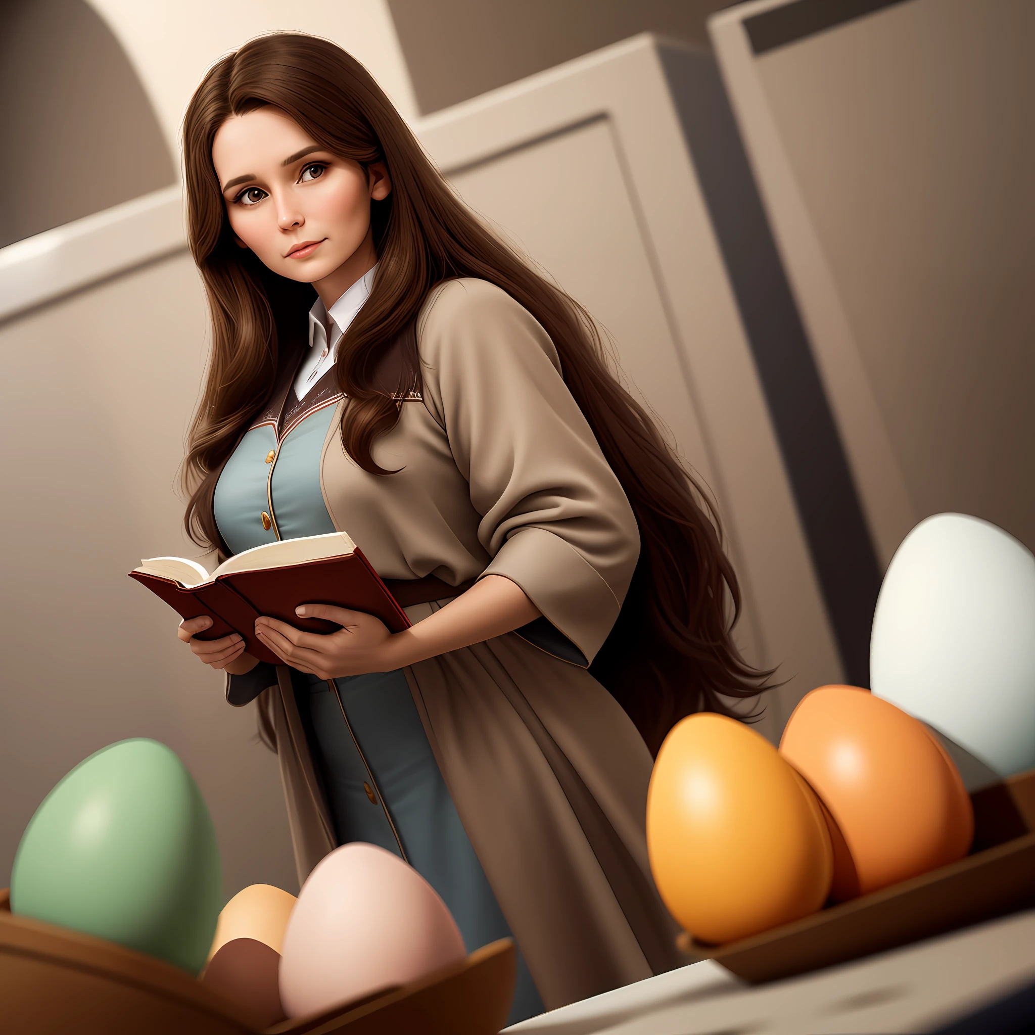 Woman, 34 years old, wearing eggs of degree, brown hair, 1.78 of alura, using a Bible