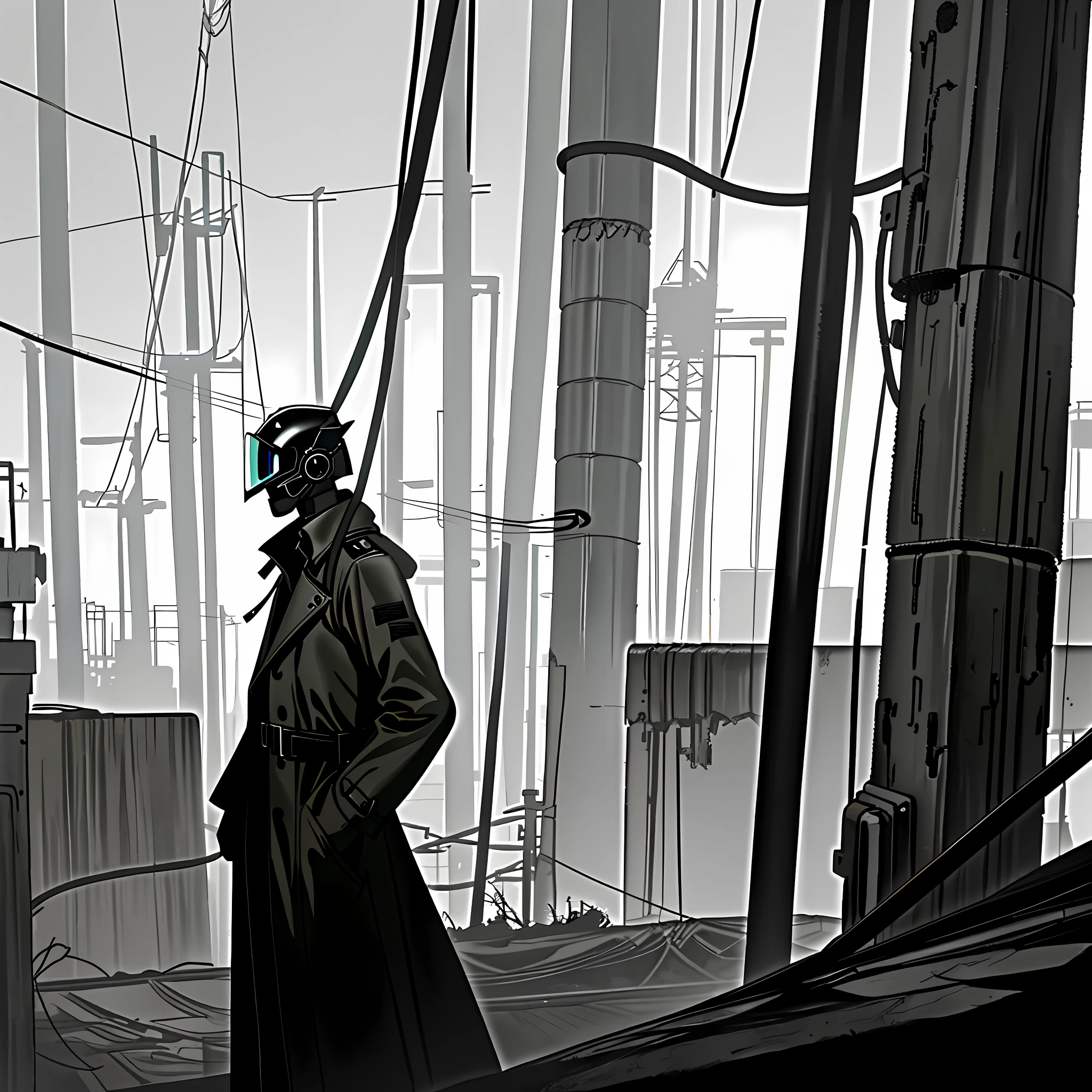 Far away, view of a mysterious man with a very detailed futuristic helmet (cables, tubes, dark visor reflects light), khaki trench coat (with belts and pockets) and a hood (shiny black leather), looks down while on top of a roof of a cement building, in the background a crumbling industrial area (dirty,  with electrical wiring, poles) the environment is depressingly very dark with fog and at night under heavy rain, shaded with high contrast, dim lighting, low saturation