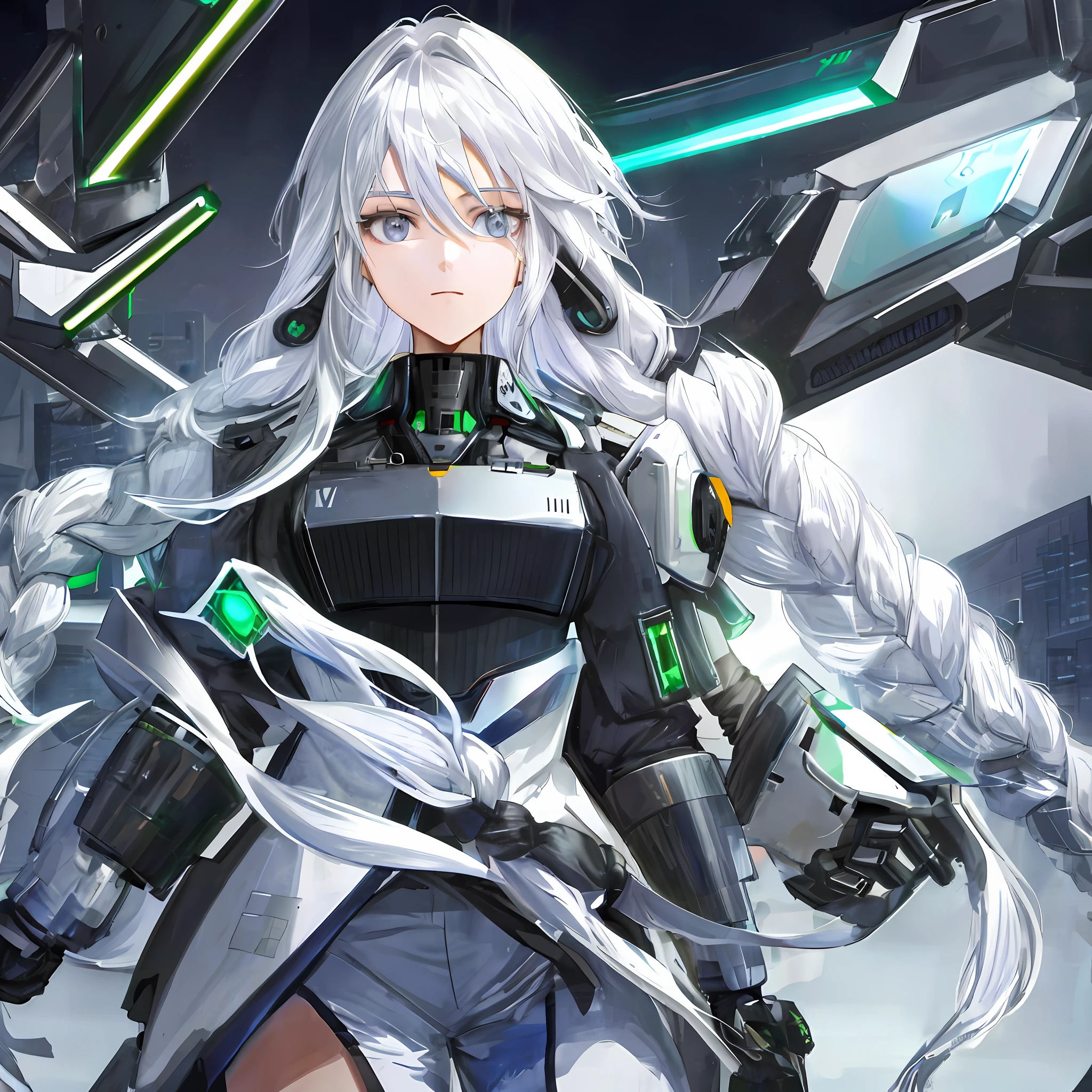 cyborg, high quality, anime, masterpiece, white hair, 2 big braids, red eyes, intricate mask, punching, angry,
