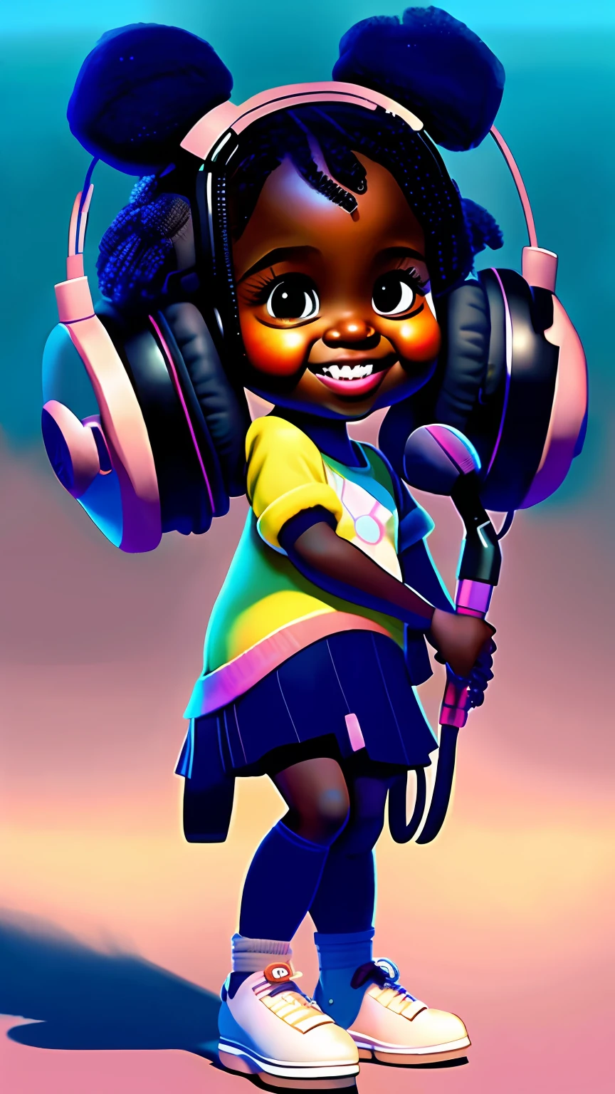 a (((solo))), with headphones standing in front of a microphone, disney animation, brown skin like soil, cold studio lighting, evokes feelings of joy, beautiful artist rendering, as a pixar character, kawai, inspired by Sheila McClean, artist unknown, cherubic, by Charles Fremont Conner