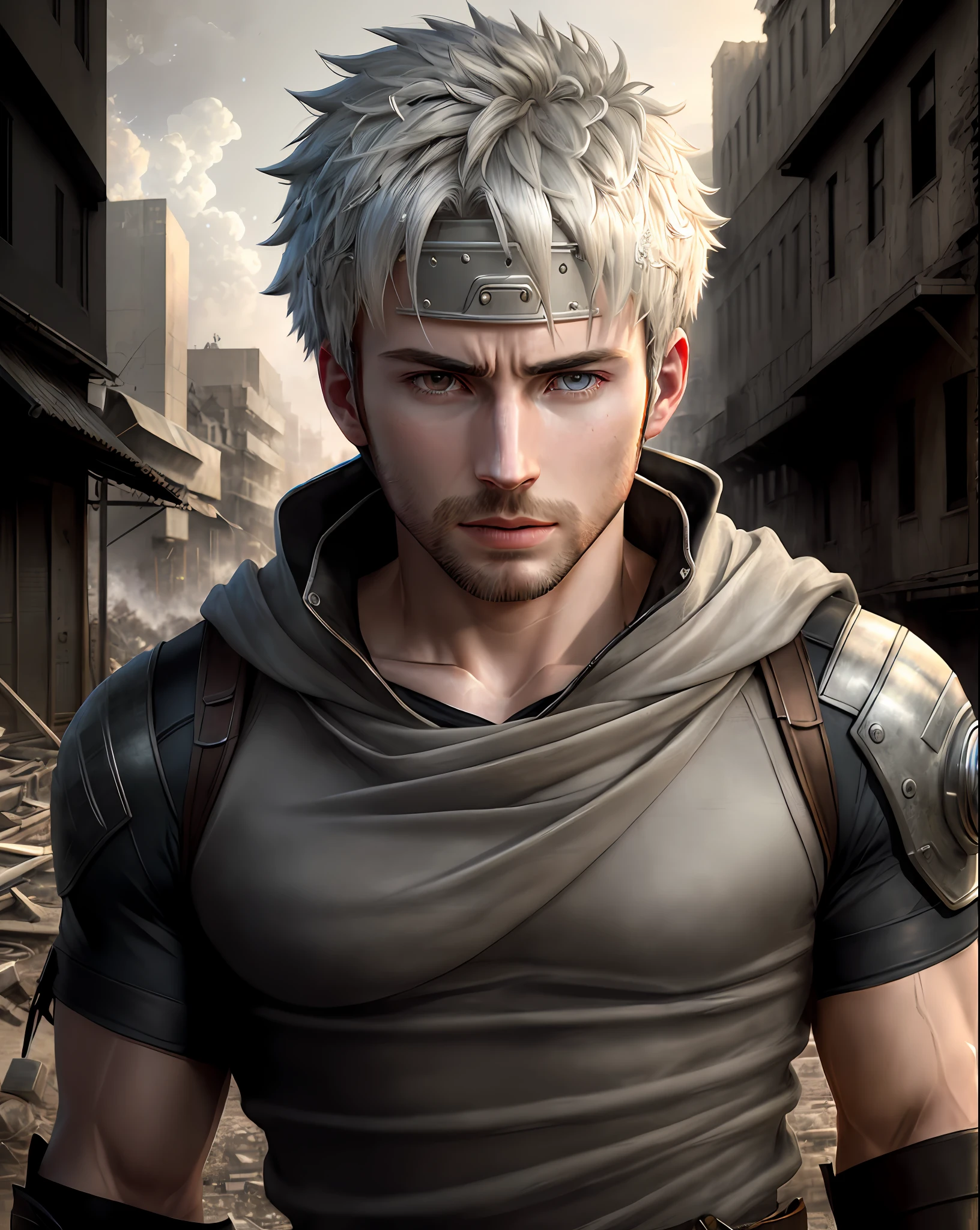 Chris Evans as Kakashi realistic version, ultra detailed eyes, bright eyes, man, flowing hair, striking eyes, beautiful body and face - shot, body, beautiful detailed body and face, strong body, muscose))), hyper-realistic (((portrait))), background of post-apocalyptic ruins,(((HDR+))), textures of 4mm, 8k, soft cinematic light, Adobe Lightroom, Photolab, HDR, intricate, elegant, highly detailed, sharp focus, (((((cinematic appearance)))), soft tones, insane details, intricate details, hyper-detailed, low contrast, soft cinematic light, slate atmosphere), color photo