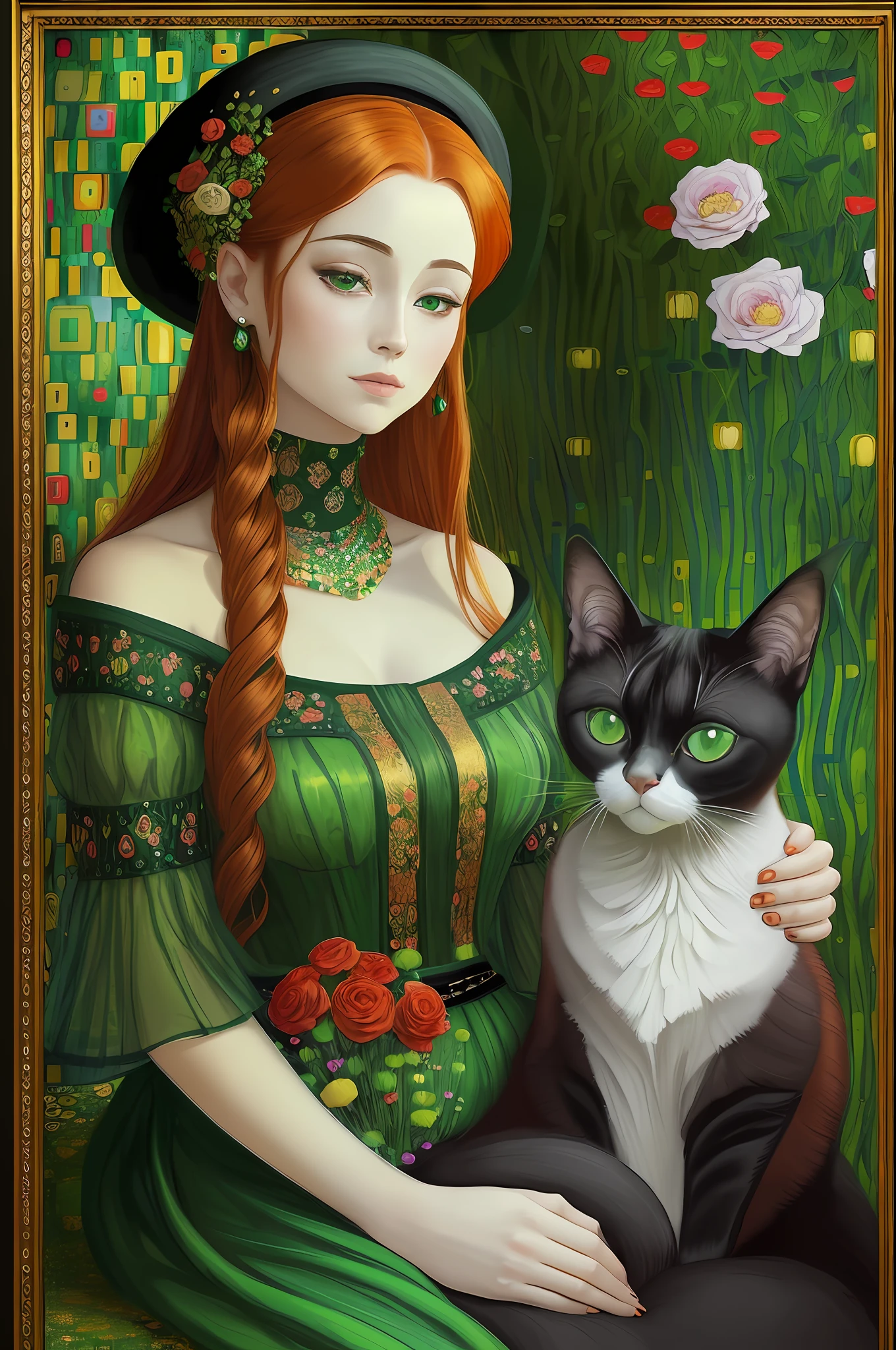 A beautiful woman with red hair, with a black hat on her head, wearing an emerald green dress, with only (((a)) Siamese cat on her lap, digital painting in the style of Gustav Klimt, gold and flowers, head-shot, trend in artstation, realistic,8k,