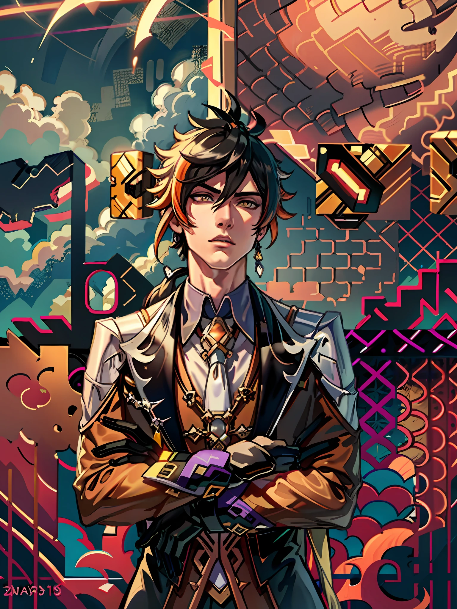 masterpiece, best quality, zhongli (genshin impact), male focus, jewelry, long hair, 1boy, solo, earrings, bangs, gloves, ponytail, black gloves, multicolored hair, brown hair, detailed hair, hair between eyes ,simple background, single earring, thumb ring, jacket, tassel earrings, long sleeves, arms crossed, alpha pose, tassel, cloud, formal, yellow eyes, detailed eyes, floating object, clouds, godly background, dark background, gradient hair, suit, black hair, cloudy sky,(kbxll:0.6), anime style