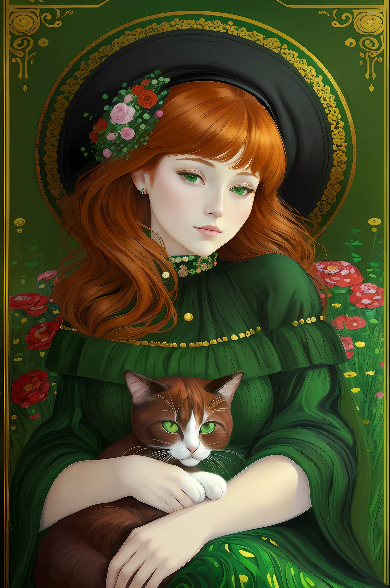 A beautiful woman with red hair, with a black hat on her head, wearing an emerald green dress, with only (((a)) cute cat on her lap, digital painting in the style of Gustav Klimt, gold and flowers, head-shot, trend in artstation, realistic,8k,