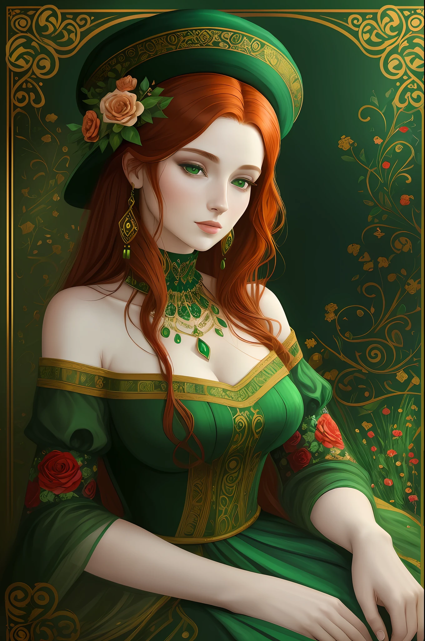 A beautiful woman with red hair, with a black hat on her head, wearing an emerald green dress, digital painting in the style of Gustav Klimt, gold and flowers, head-shot, trend in artstation, realistic,8k,