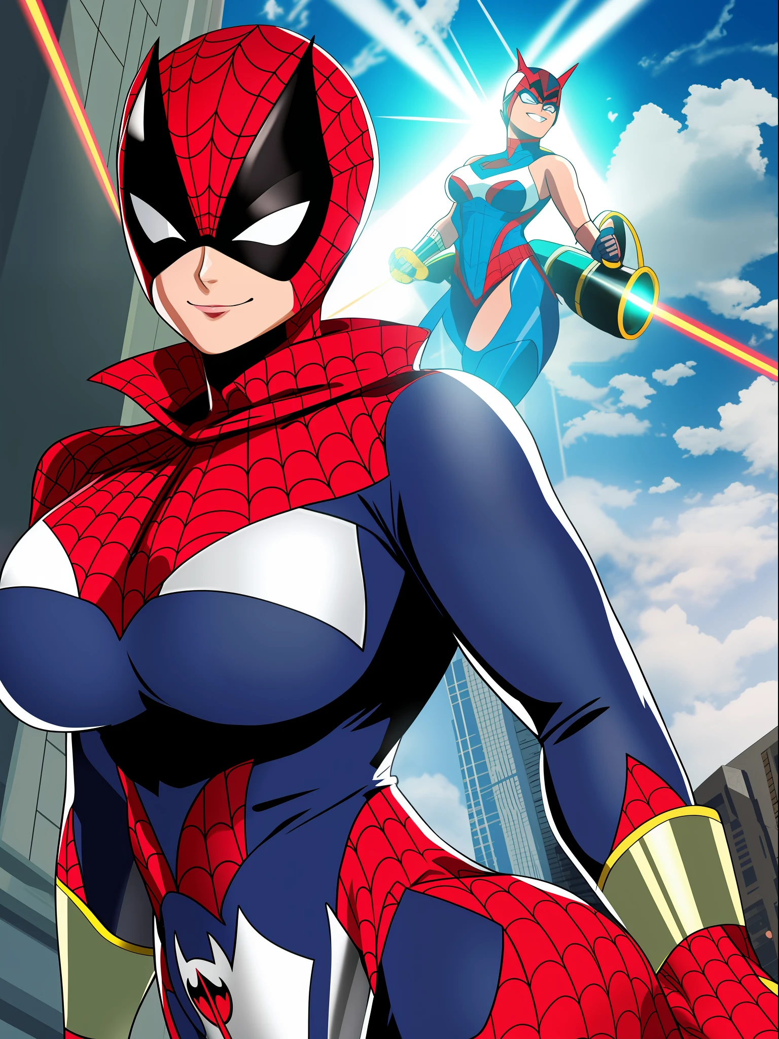 1 woman in a maid/batman/spiderman/Ultraman costume, tight around the body, huge breasts, a white bearded gentleman holding her from behind, she has green eyes, mohawk red hair, is looking directly at the viewer from the front, smiling, excited, scar across eye, Pixar, anime style, Art Nouveau, Suprematism, reflection light, god rays, framed, 16k, best quality, high details, anatomically correct, masterpiece, UHD