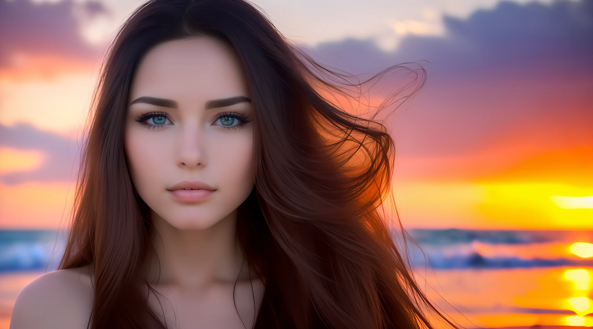Close up portrait of woman with long hair on the beach, very beautiful face, soft portrait shot 8k, intense expression 4K, gorgeous attractive face, charming beautiful face, Karol Bak UHD, super beautiful face, beautiful portrait, gorgeous face portrait, beautiful art UHD 4K, portrait of beautiful girl, beautiful face with backlight, photorealistic beautiful face, sunglasses with blue lenses,