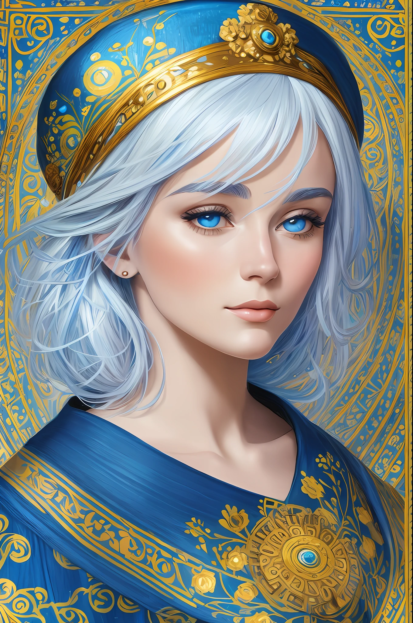 A beautiful woman from Europe, with white hair, with a blue colored hat on her head, wearing a blue dress, digital painting in the style of Gustav Klimt, golden, birds, and flowers, head-shot, trend in artstation, realistic,8k,