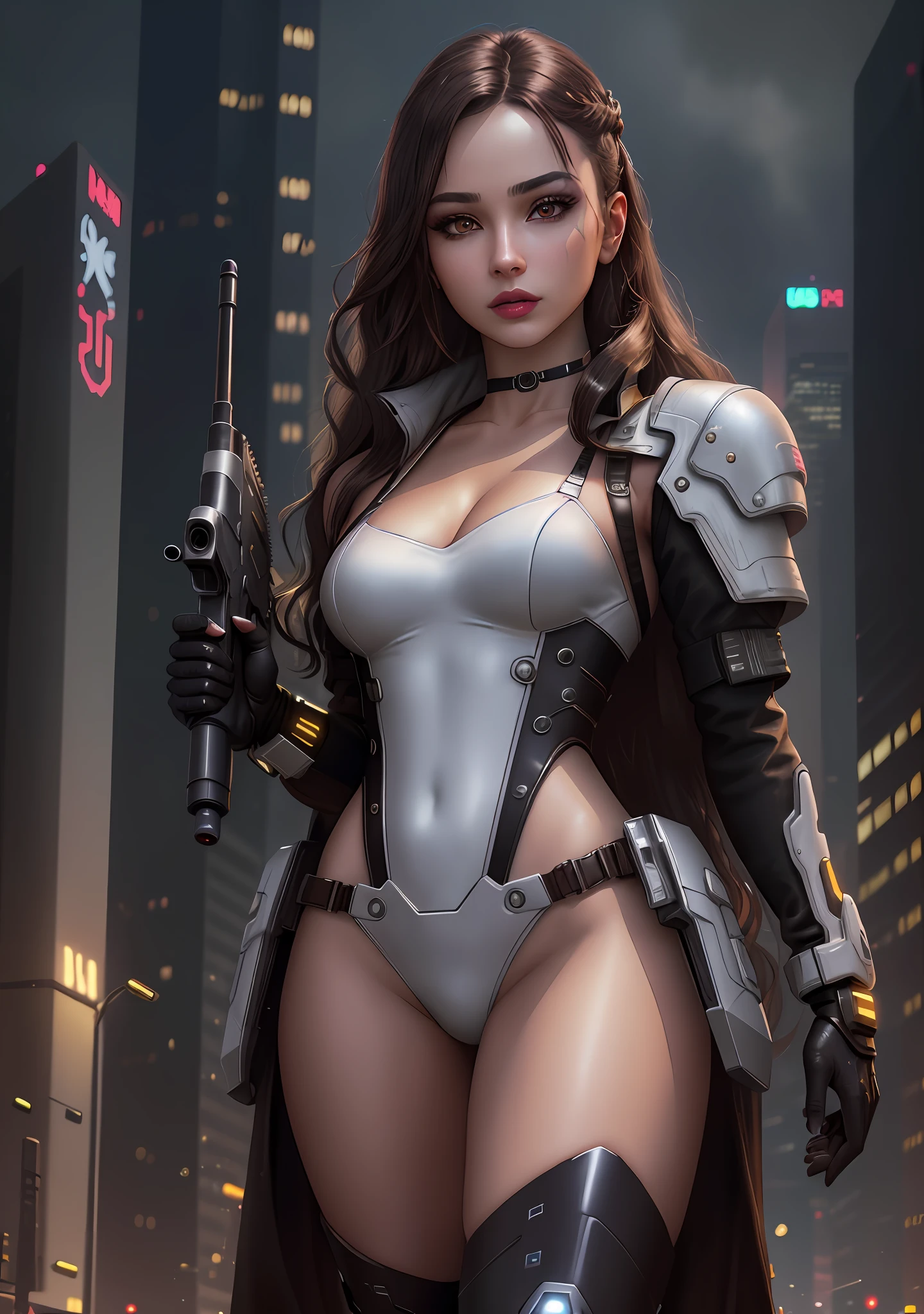 (cyberpunk theme), 1 woman holding a submachinegun in one hand (brown eyes, white skin, dark long wavy hair, choker, small breasts, lipstick, makeup, eyeliner) , wearing a one--piece cyber armor, mechanical metalic gloves and boots, in a cyberpunk city at night, (masterpiece, best quality, 8k, sharp focus, depth of field, best shadows, perfect lights, HDR, realistic skin texture,  ultra-detailed and detailed background), wideshot