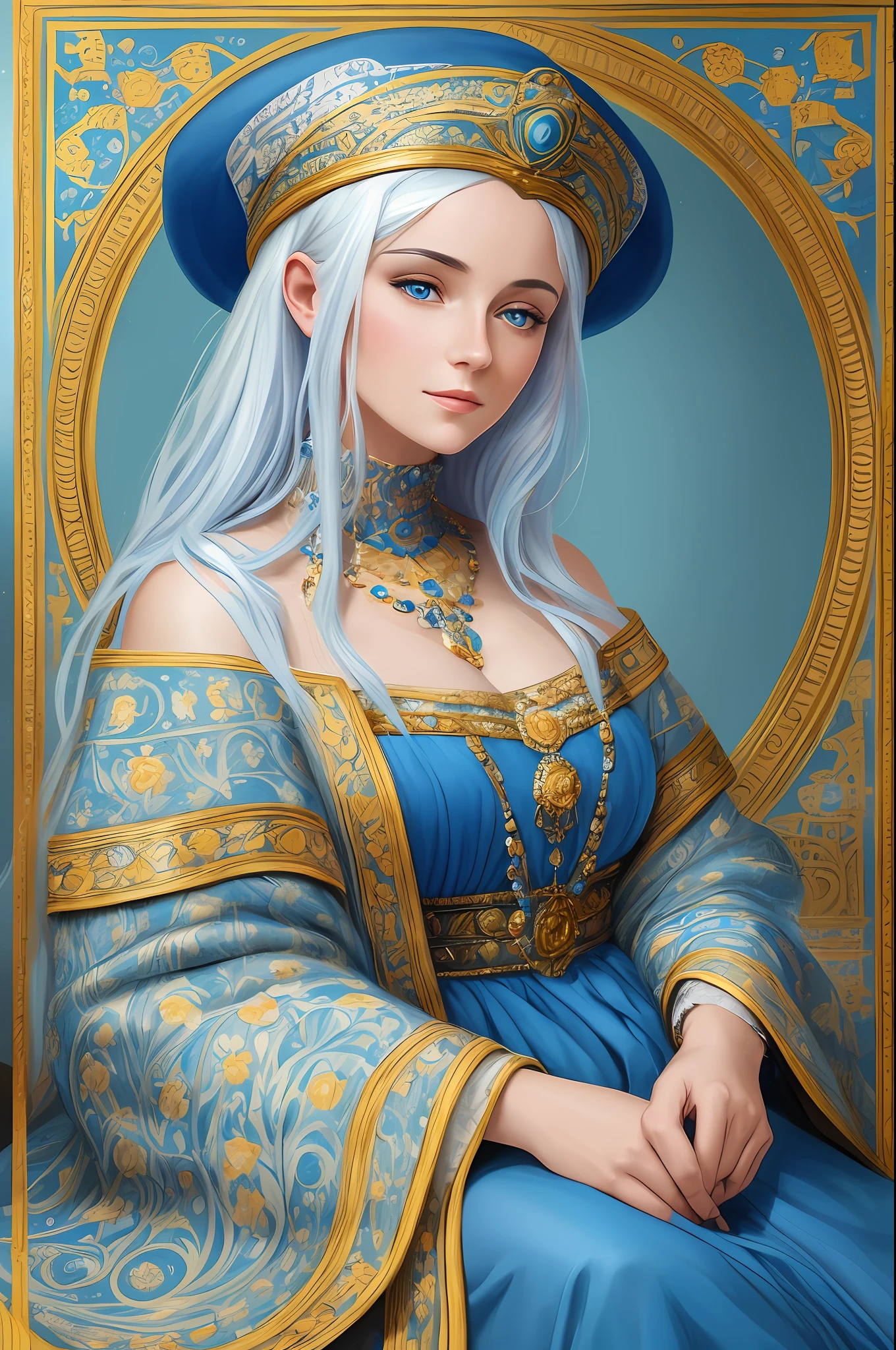 A beautiful woman from Europe, with white hair, with a blue colored hat on her head, wearing a blue dress, digital painting in the style of Gustav Klimt, golden, birds, and flowers, head-shot, trend in artstation, realistic,8k,