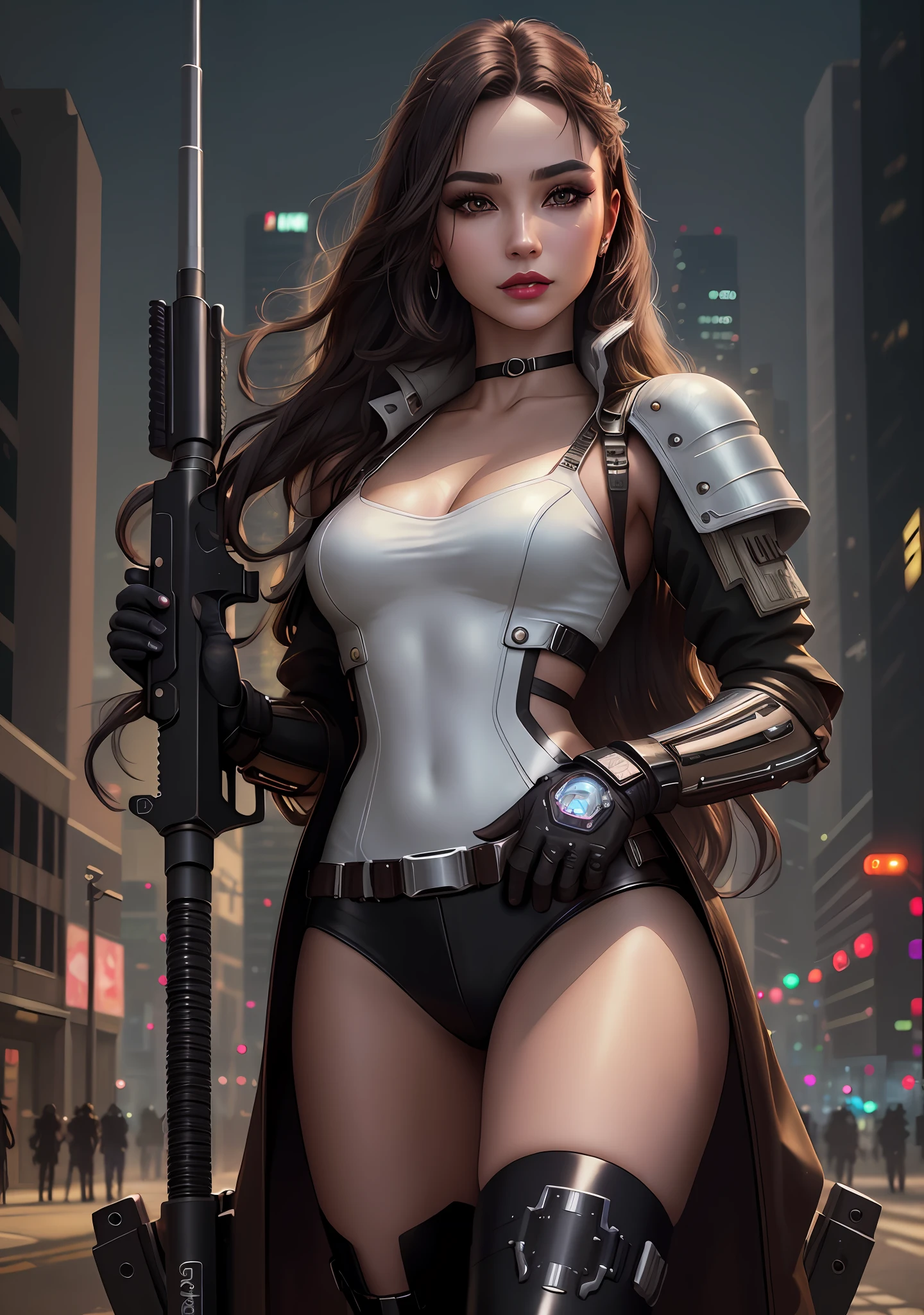 (cyberpunk theme), 1 woman holding a submachinegun in one hand (brown eyes, white skin, dark long wavy hair, choker, small breasts, lipstick, makeup, eyeliner) , wearing a one--piece cyber armor, mechanical metalic gloves and boots, in a cyberpunk city at night, (masterpiece, best quality, 8k, sharp focus, depth of field, best shadows, perfect lights, HDR, realistic skin texture, ultra-detailed and detailed background), wideshot