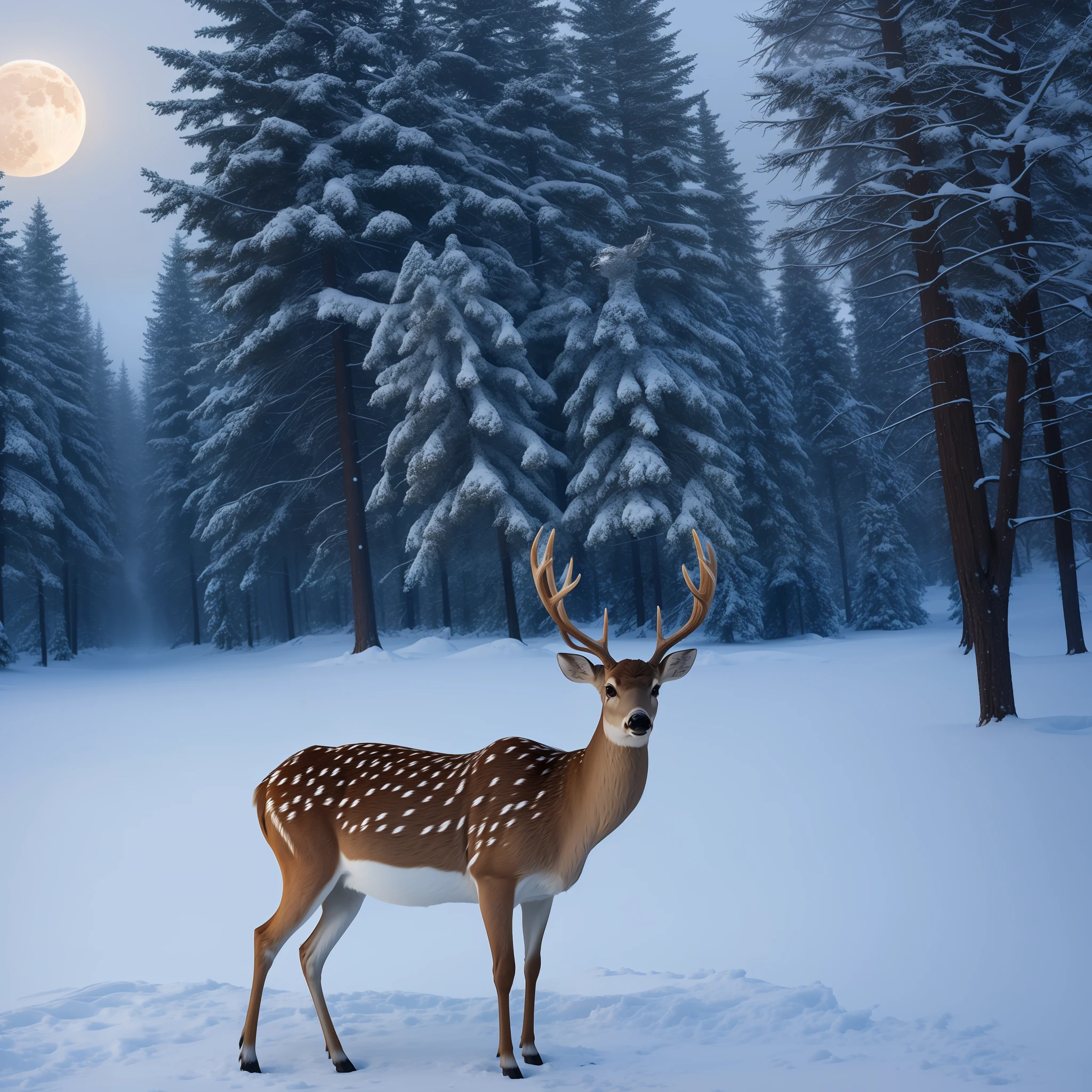 Dead frozen deer in a snow storm glowing moon