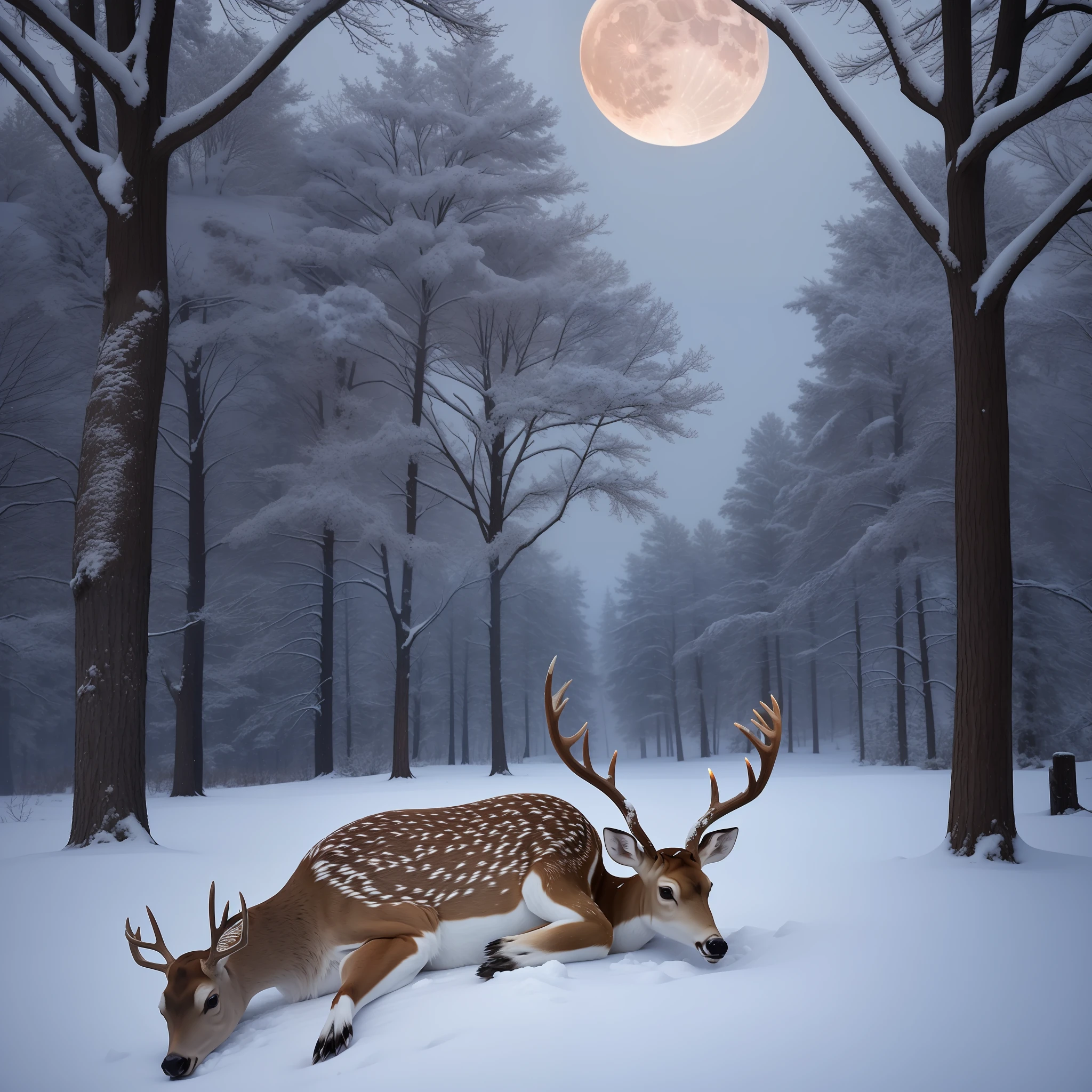 Dead frozen deer in a snow storm glowing moon