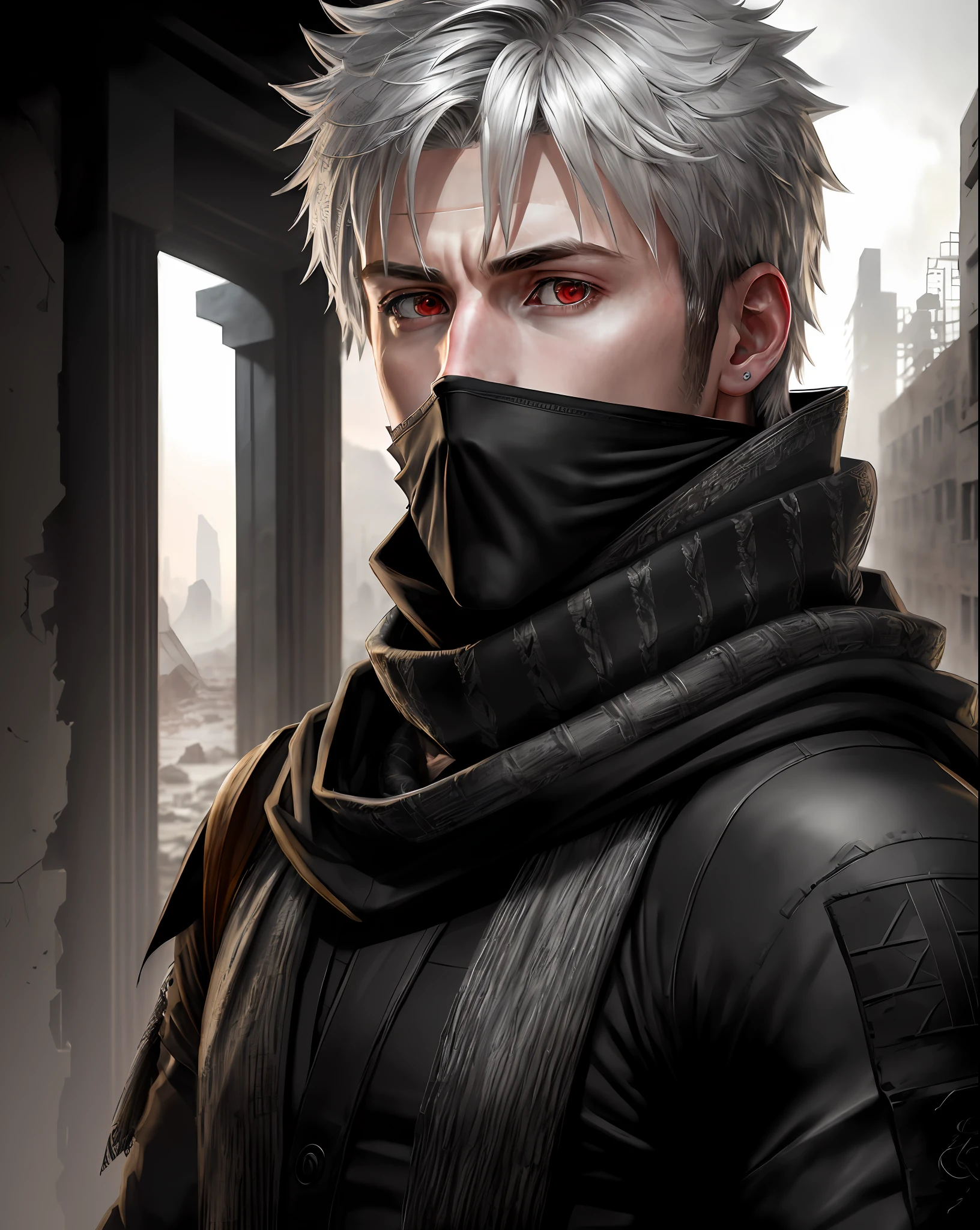 Chris Evans as Kakashi realistic version, ultra detailed eyes, Sharingan in the eye, bright red eyes, man, flowing hair, striking eyes, beautiful body and face - shot, body, beautiful detailed body and face, strong body, musco))), hyper-realistic (((portrait))), background of post-apocalyptic ruins,(((HDR+))), textures of 4mm, 8k, soft cinematic light, Adobe Lightroom, Photolab, HDR, intricate, elegant, highly detailed, sharp focus, (((((((cinematic appearance)))), soft tones, insane details, intricate details, hyperdetailed, low contrast, soft cinematic light, slate atmosphere), color photo, black scarf covering nose and mouth