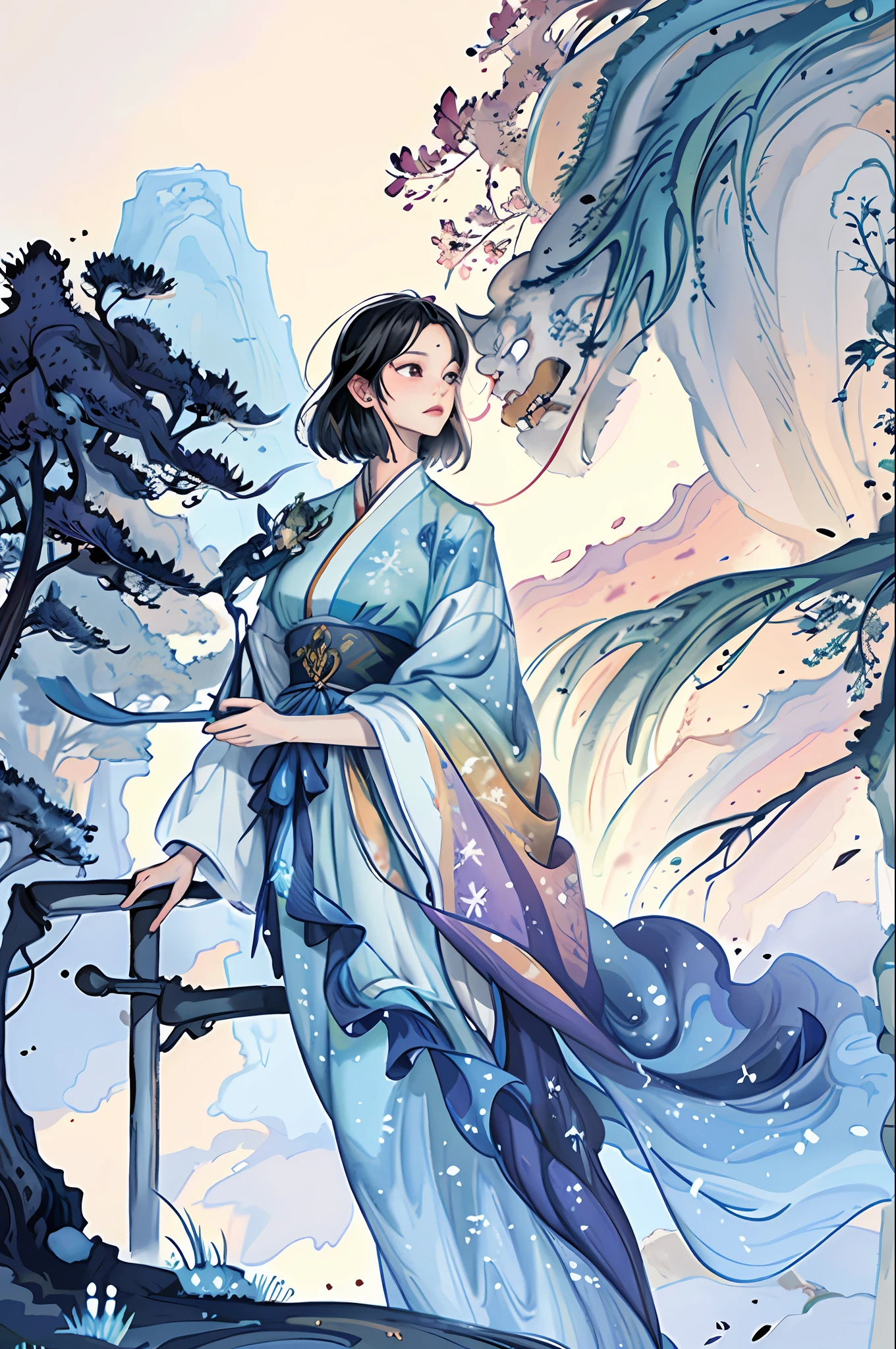 painting of a tree on a cliff with a mountain in the background, made of tree and fantasy valley, a beautiful artwork illustration, beautiful painting of a tall, cyril rolando and goro fujita, makoto shinkai cyril rolando, detailed painting 4 k, rob rey and kentarõ miura, anime landscape, jen bartel, stylized painting