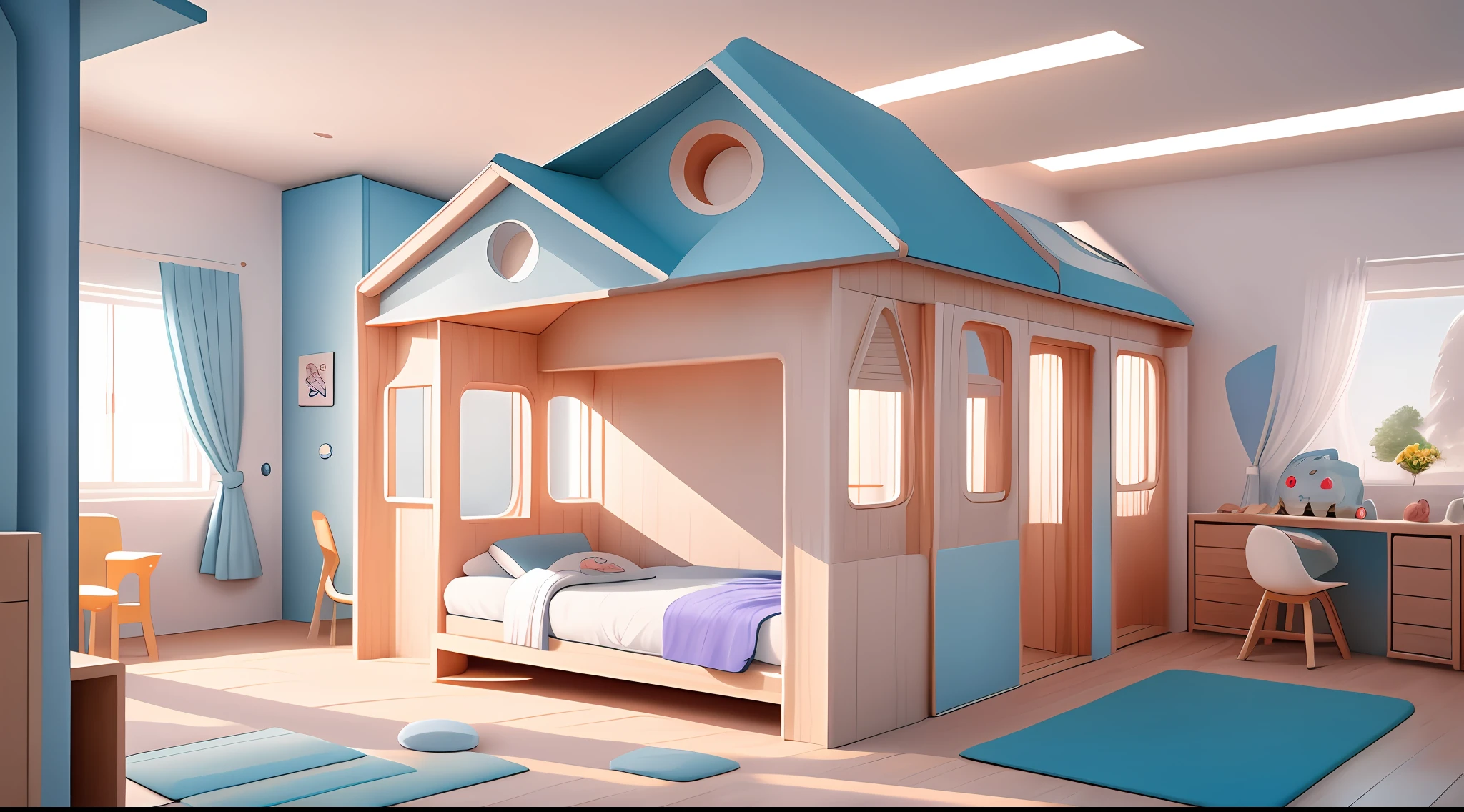 Setting futuristic room, children's room, wooden house