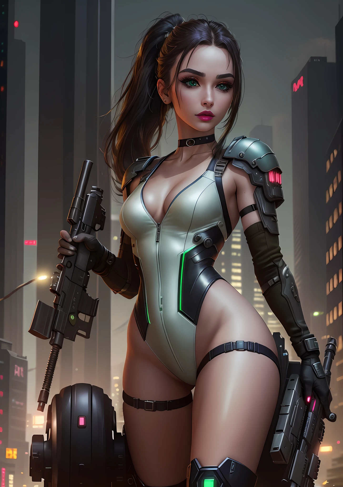 (cyberpunk theme), 1 woman holding a submachinegun in one hand (o]green eyes, white skin, dark hair with ponytail, choker, small breasts, lipstick, makeup, eyeliner) , wearing a one-piece cyber armor, mechanical metalic gloves and boots, in a cyberpunk city at night, (masterpiece, best quality, 8k, sharp focus, depth of field, best shadows, perfect lights, HDR, realistic skin texture,  ultra-detailed and detailed background), wideshot