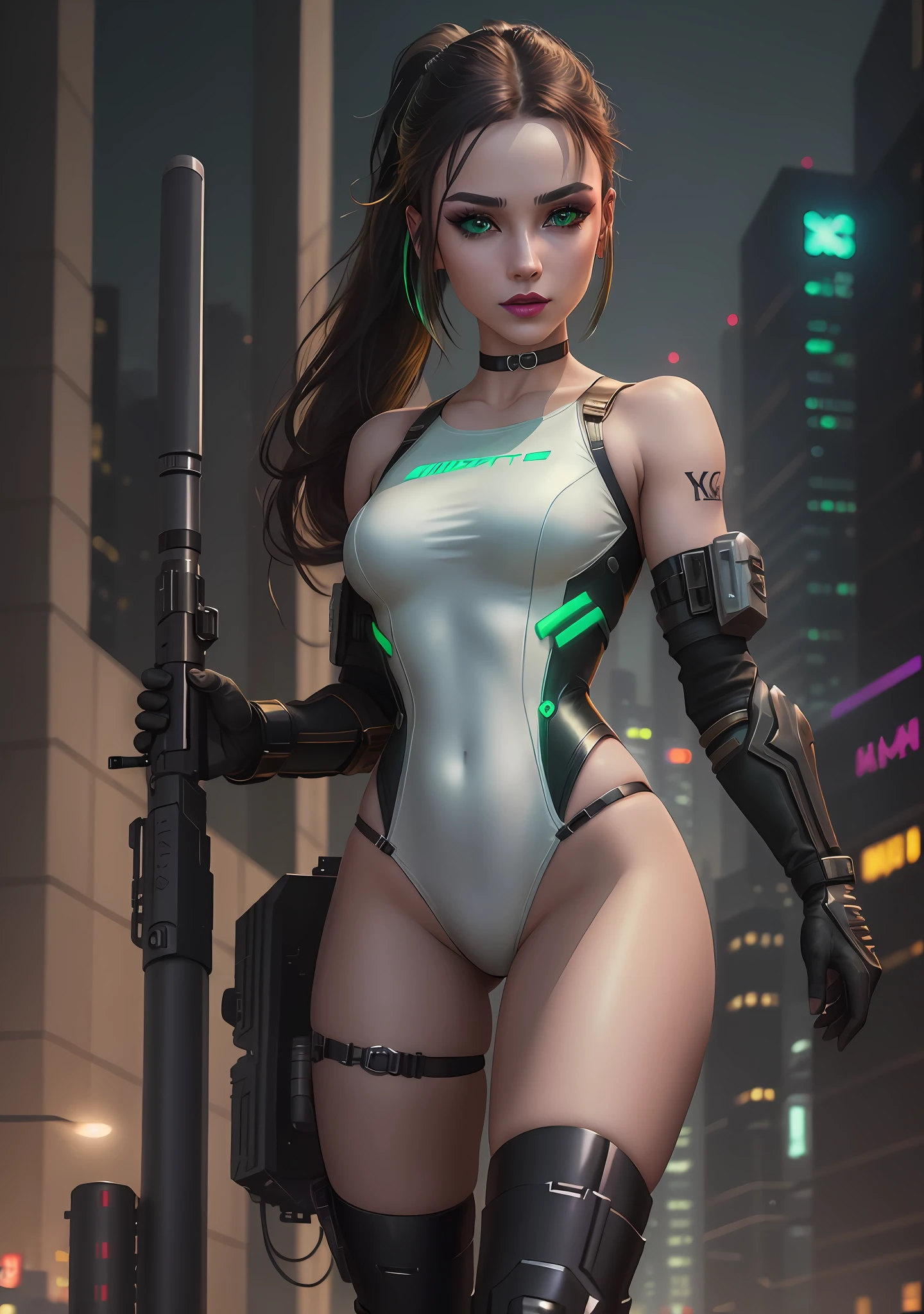 (cyberpunk theme), 1 woman holding a submachinegun in one hand (o]green eyes, white skin, dark hair with ponytail, choker, small breasts, lipstick, makeup, eyeliner) , wearing a one-piece cyber armor, mechanical metalic gloves and boots, in a cyberpunk city at night, (masterpiece, best quality, 8k, sharp focus, depth of field, best shadows, perfect lights, HDR, realistic skin texture,  ultra-detailed and detailed background), wideshot