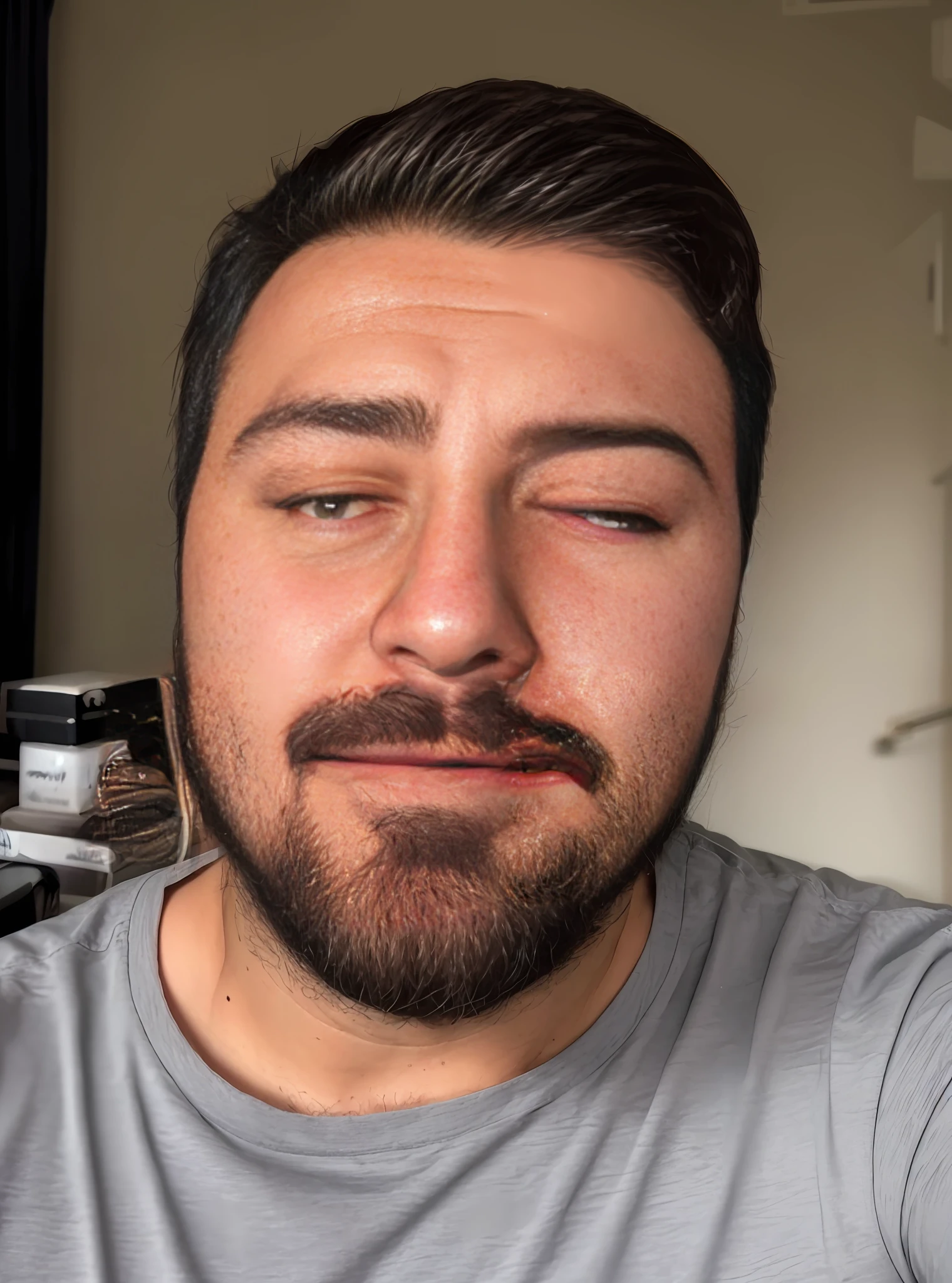 arafed man with a beard and a gray shirt is taking a selfie, twitch streamer / gamer ludwig, neckbeard, slight stubble, stubble on his face, frontal picture, sweaty face, face picture, small beard, short stubble, without beard, very high quality face, stubble beard, with no beard, squinting, with no facial features